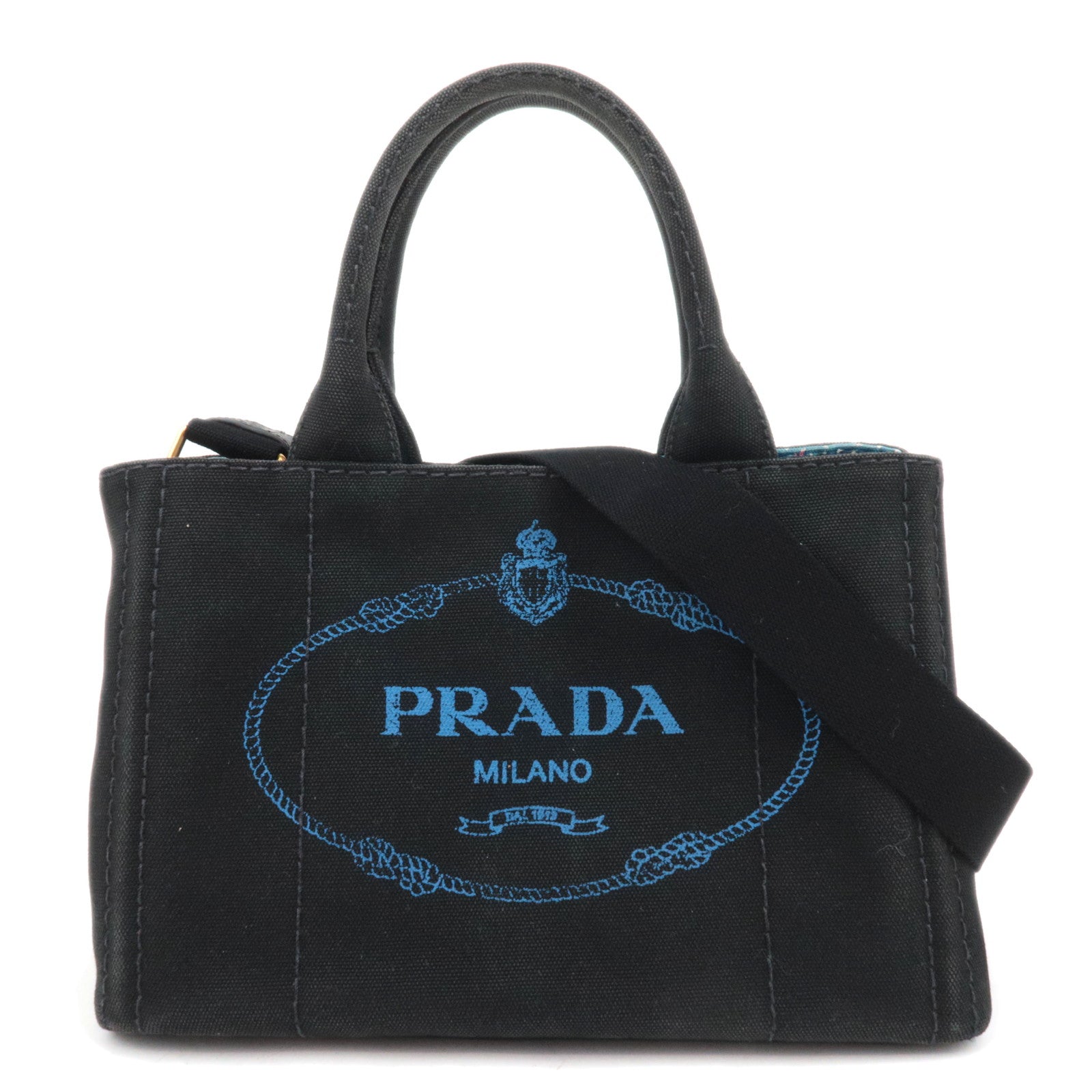 PRADA Canapa Mini Canvas 2Way Tote Bag Black Blue 1BG43988619