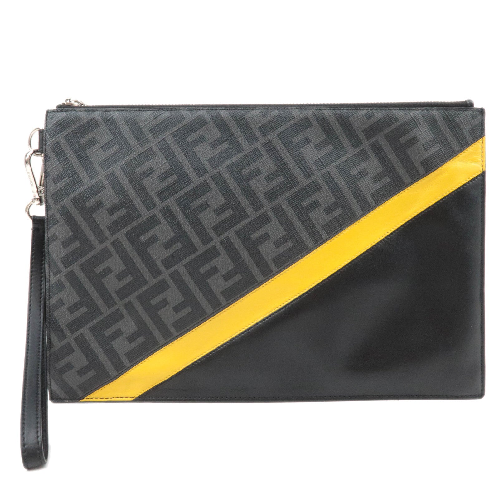 FENDI Zucca PVC Leather Clutch Bag Black Gray Yellow 7N011088669