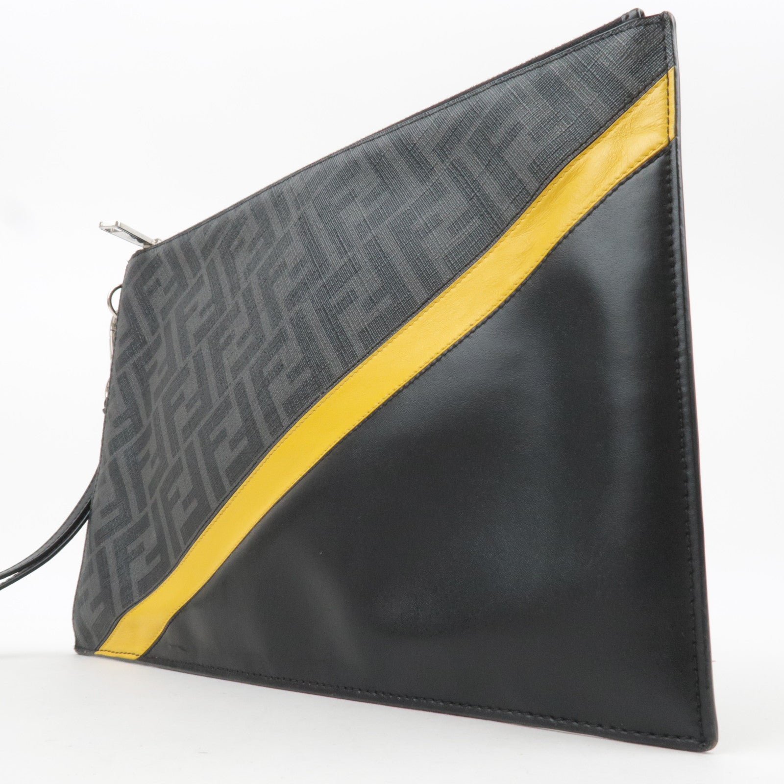 FENDI Zucca PVC Leather Clutch Bag Black Gray Yellow 7N0110