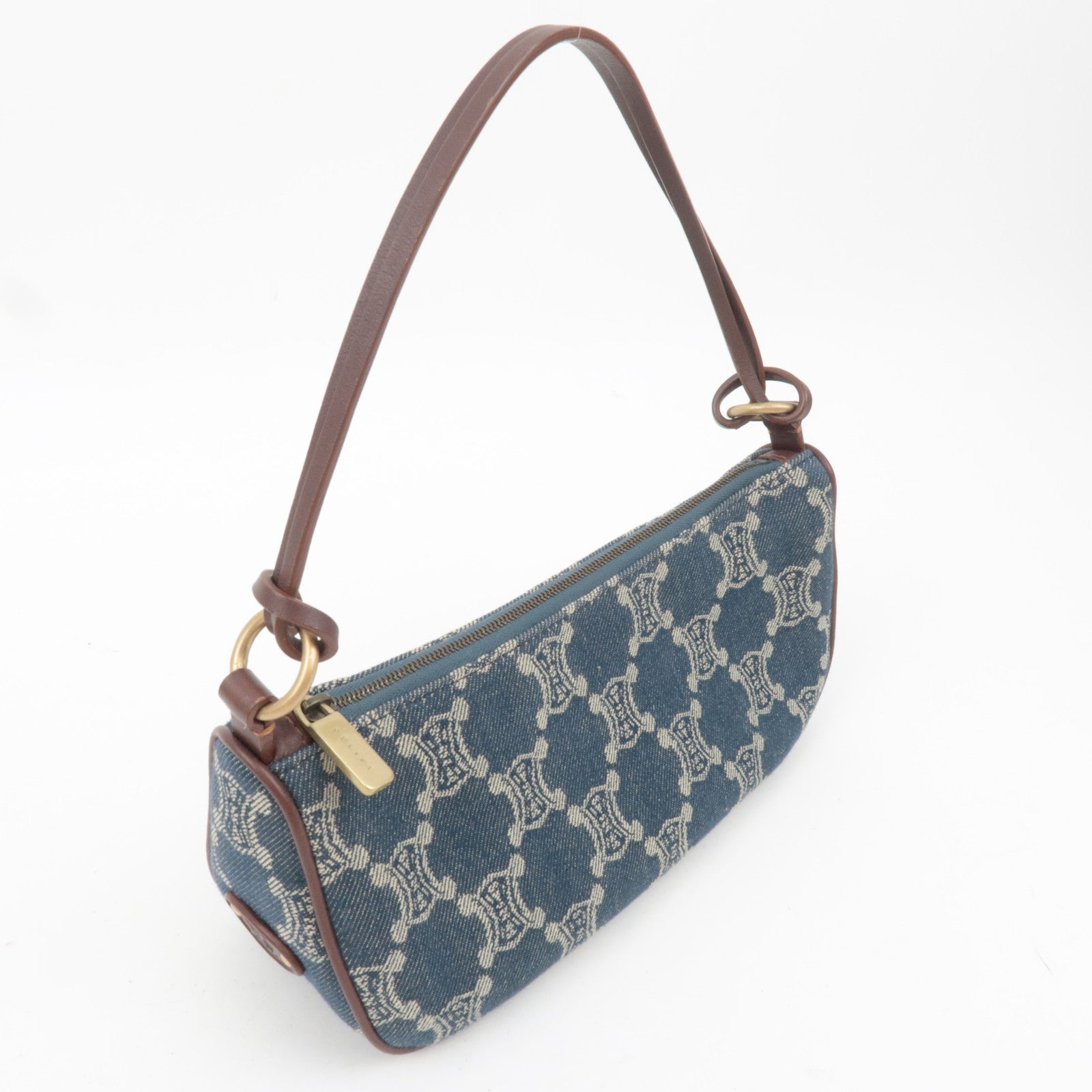 CELINE Paris Macadam Denim Small Shoulder Bag Navy Brown