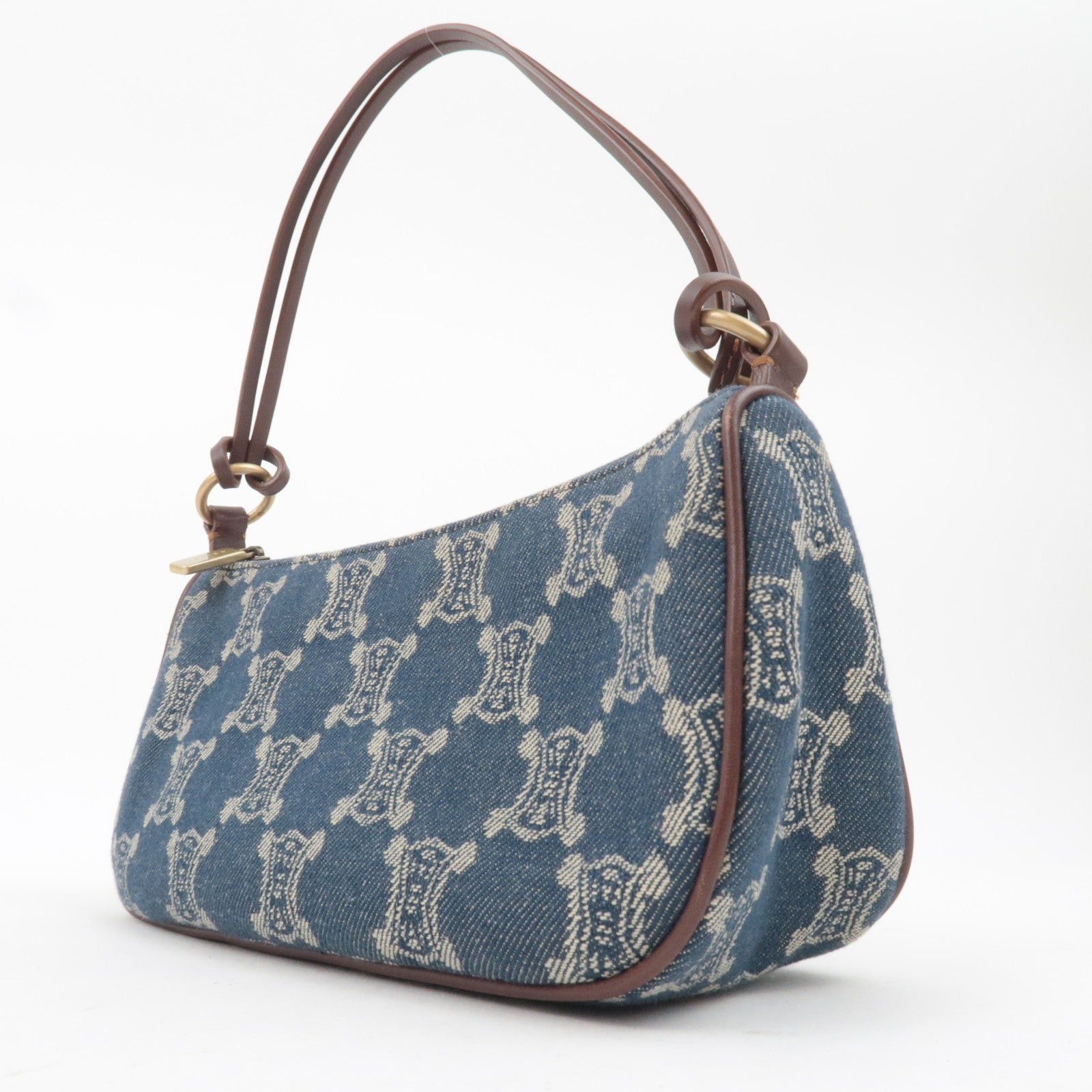 CELINE Paris Macadam Denim Small Shoulder Bag Navy Brown