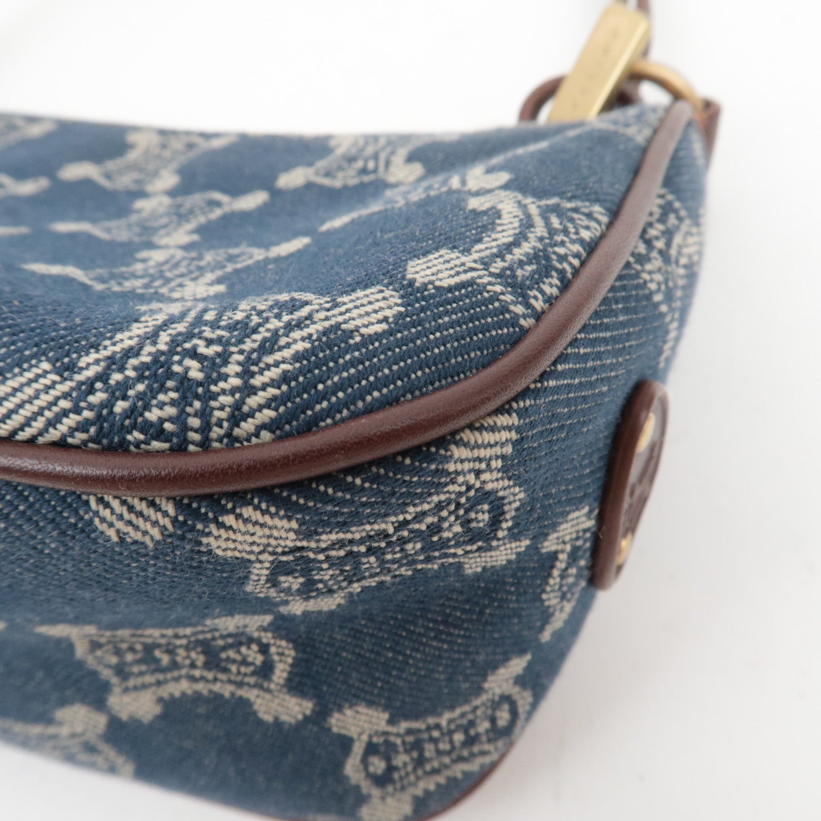CELINE Paris Macadam Denim Small Shoulder Bag Navy Brown