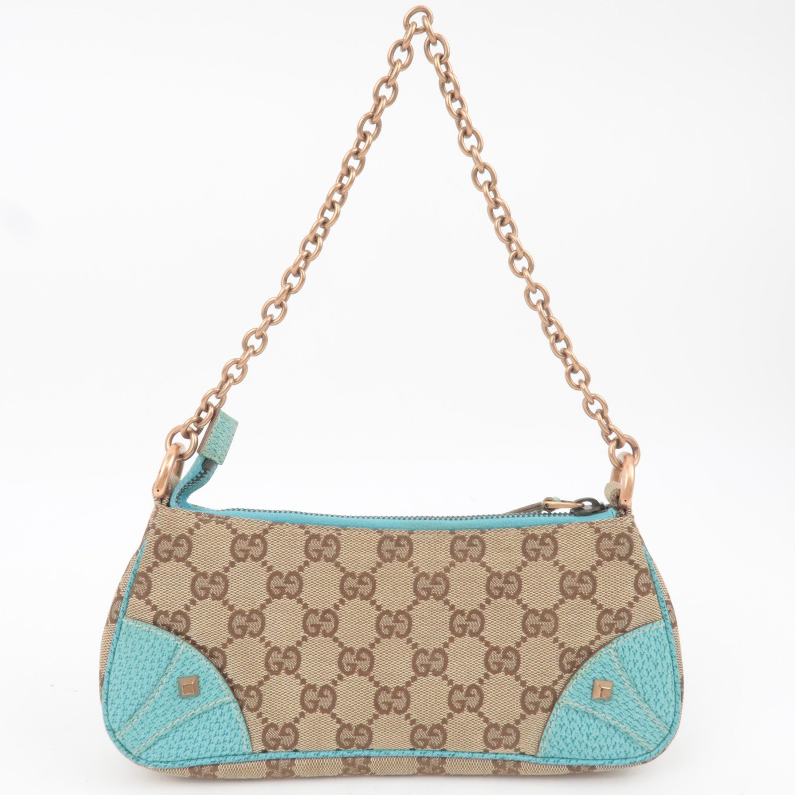 GUCCI GG Canvas Chain Small Shoulder Bag Beige Turquoise 120940