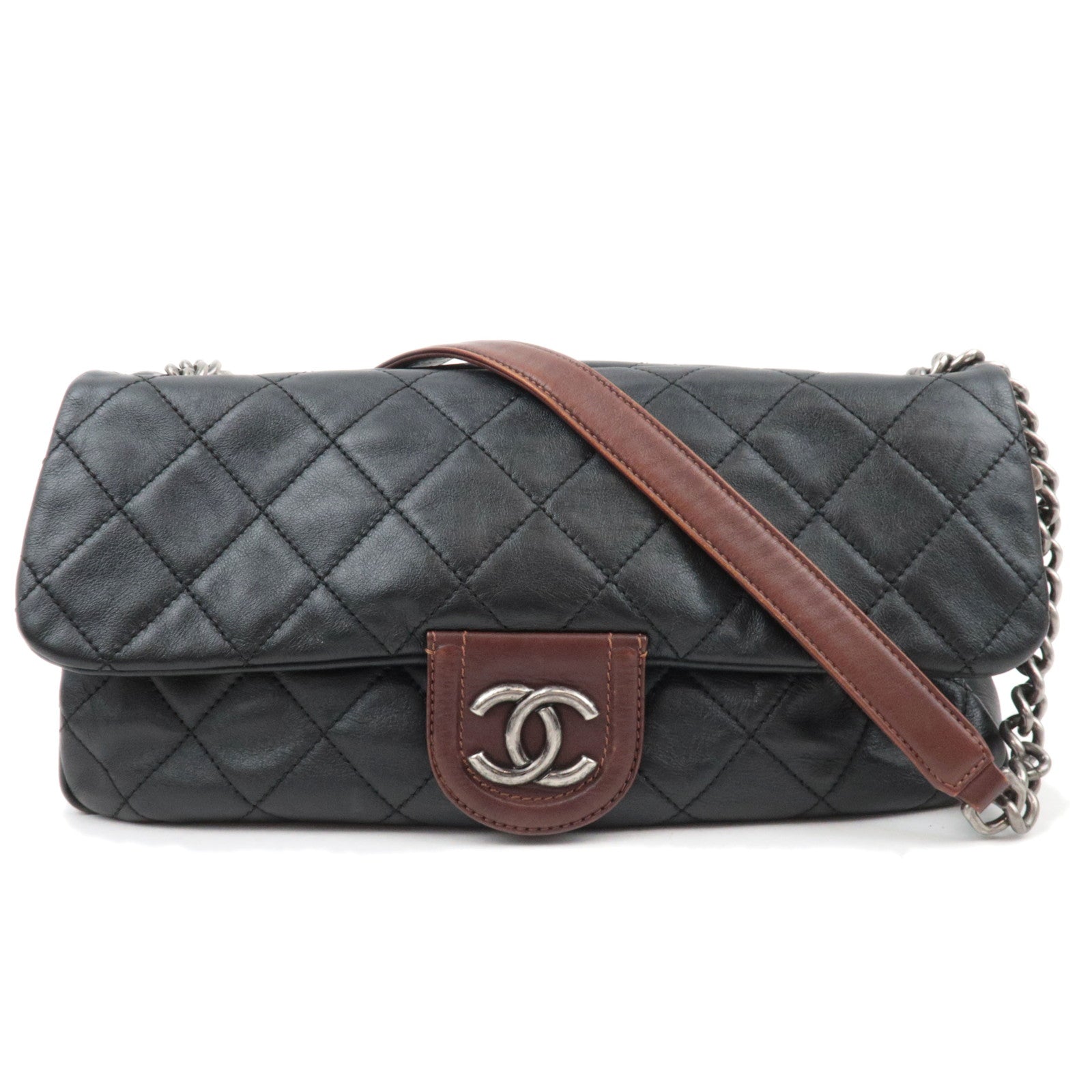 CHANEL Matelasse Lambskin Chain Shoulder Bag Black Brown Silver HDW88709