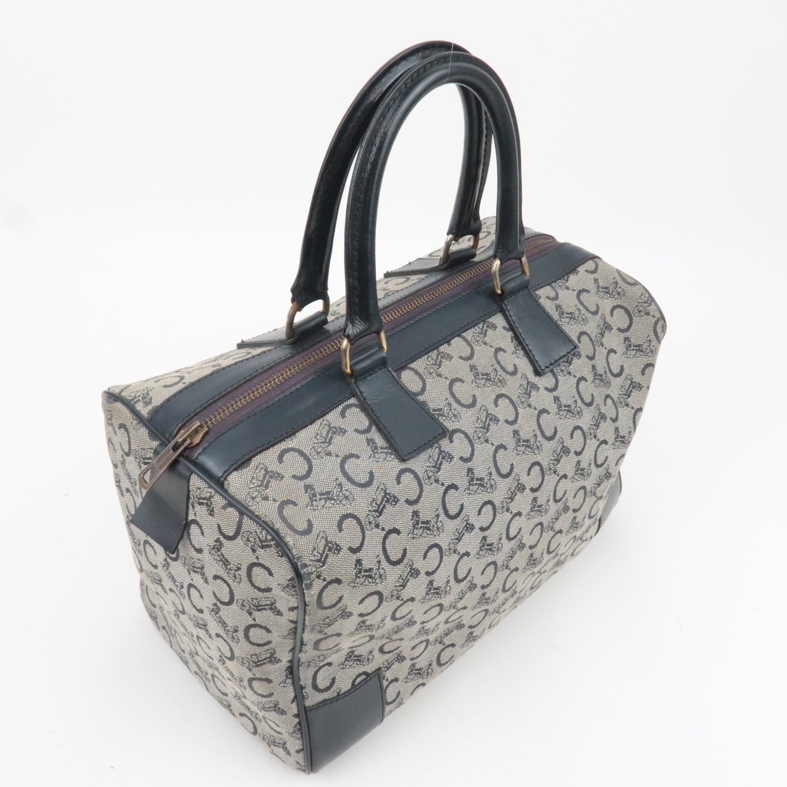 CELINE C Macadam Canvas Leather Boston Bag Navy
