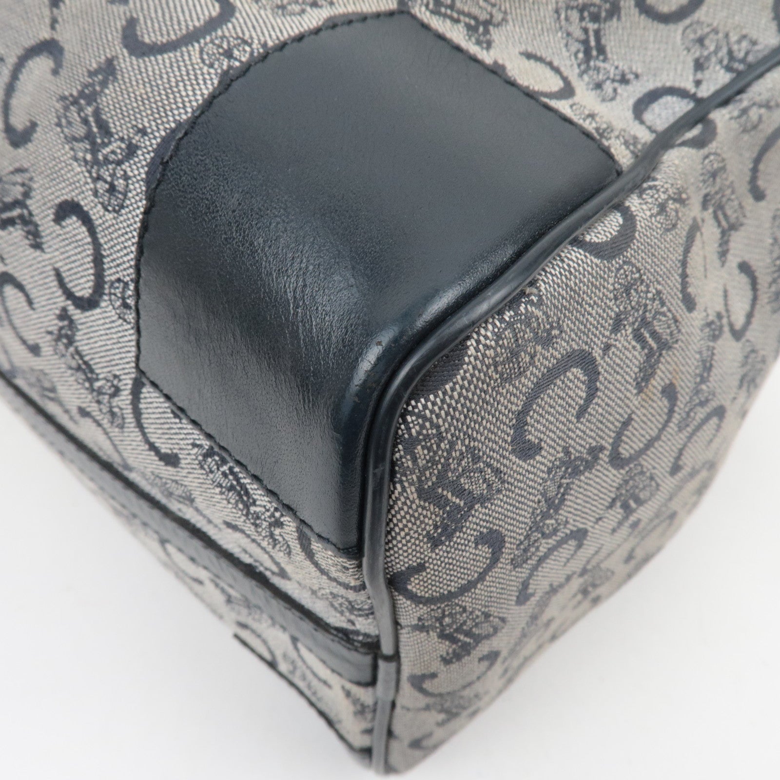 CELINE C Macadam Canvas Leather Boston Bag Navy