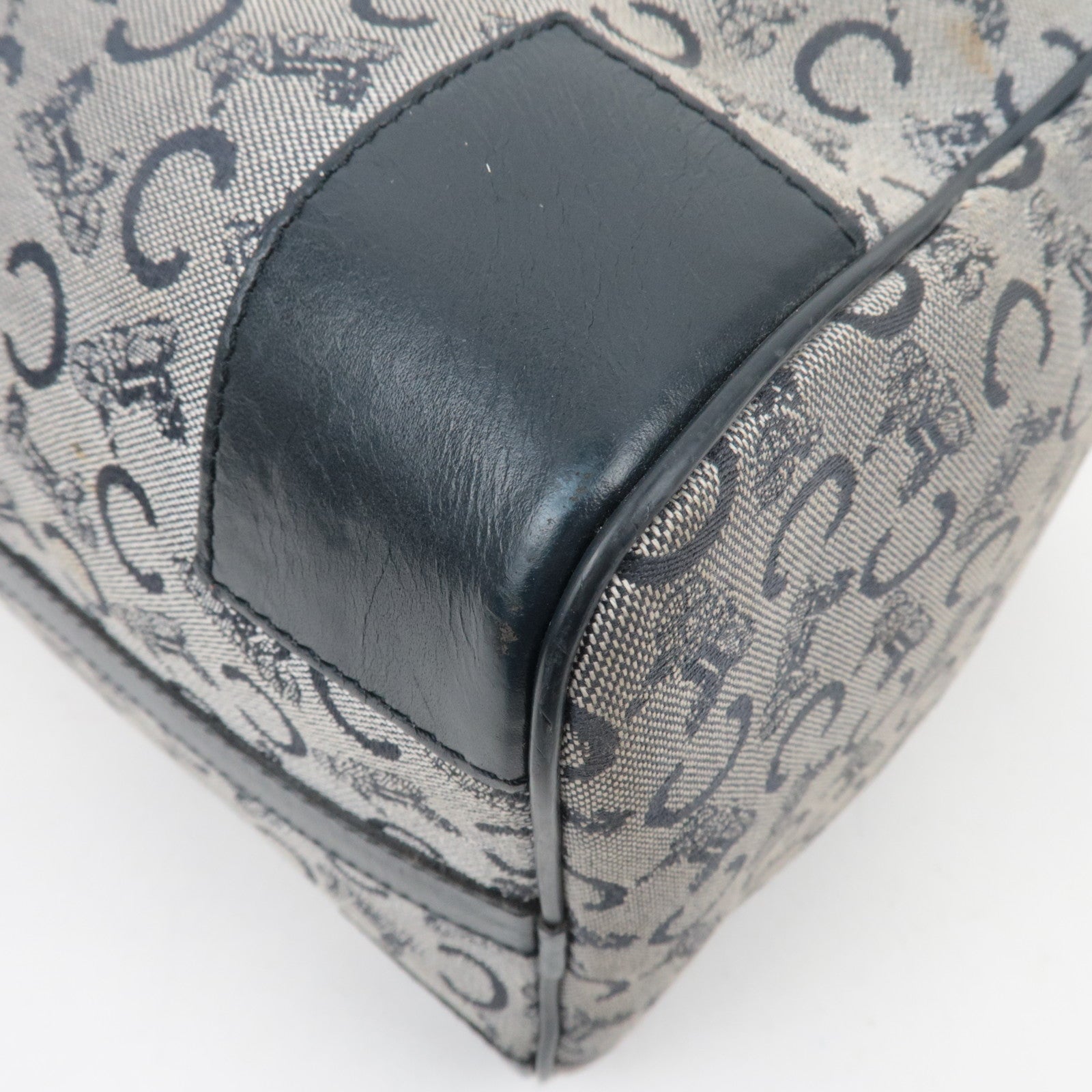 CELINE C Macadam Canvas Leather Boston Bag Navy