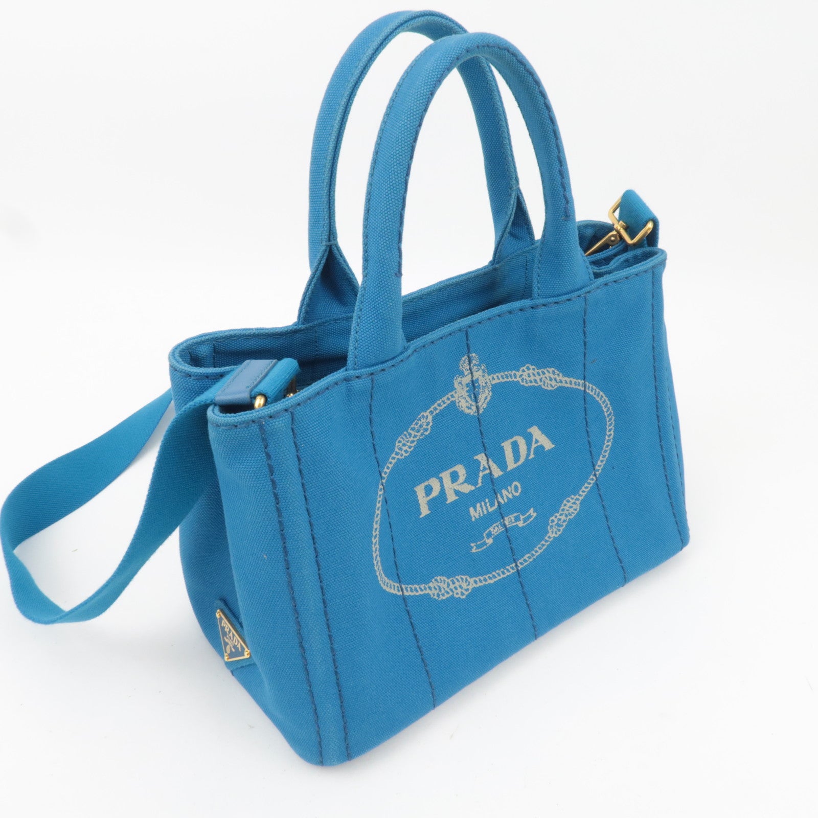 PRADA Canapa Mini 2Way Canvas Tote Bag Blue 1BG439