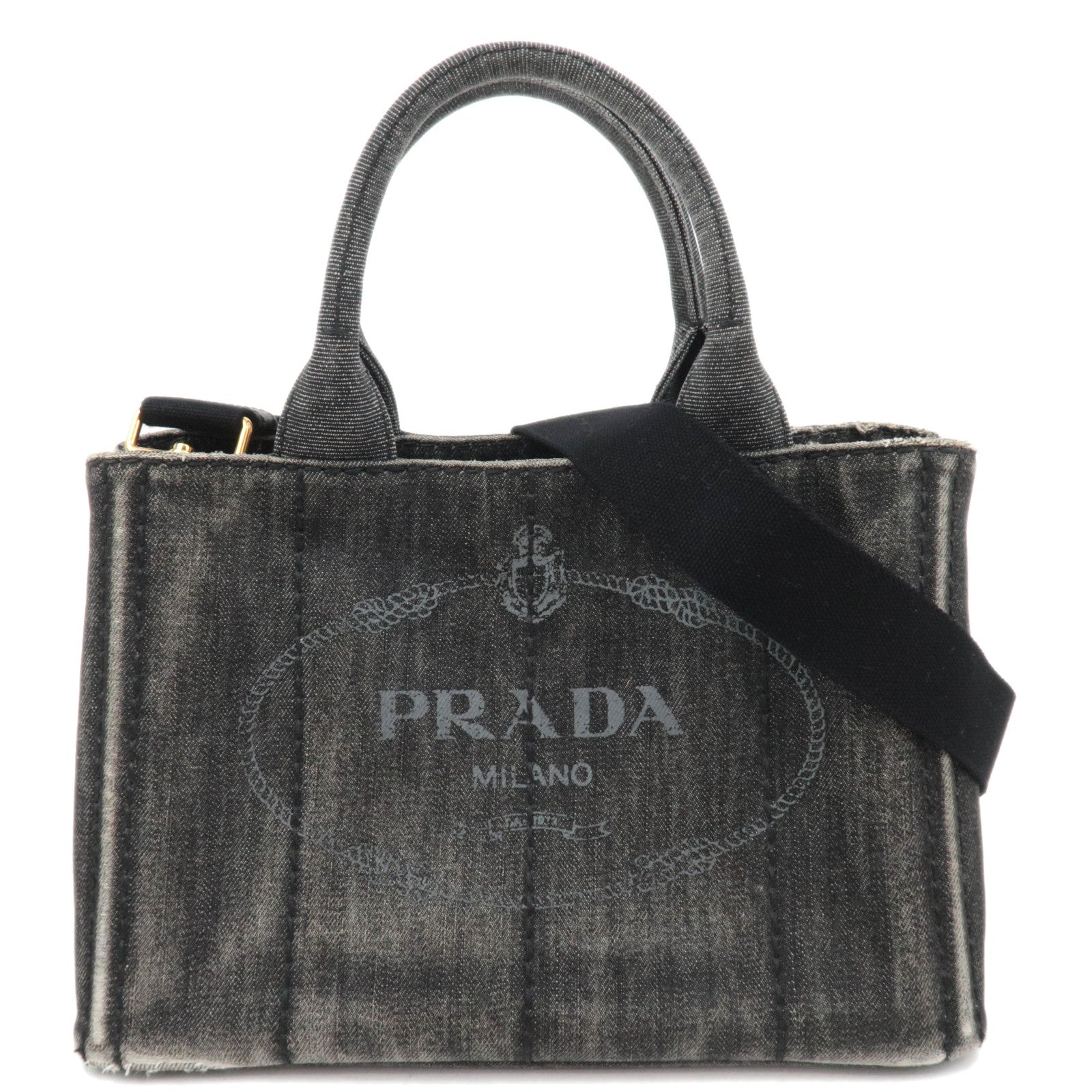 PRADA Canapa Mini 2Way Denim Tote Bag Black 1BG43988787