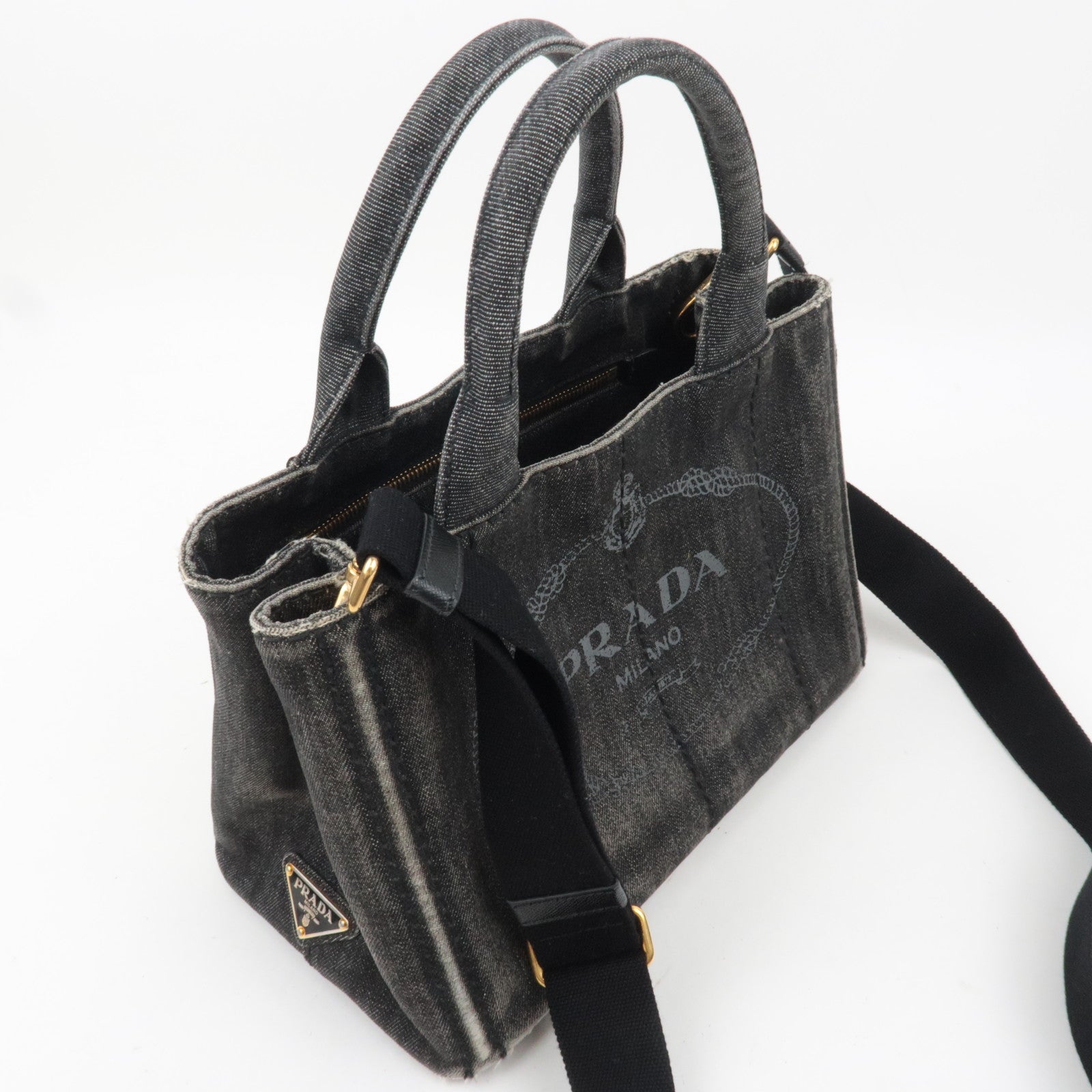 PRADA Canapa Mini 2Way Denim Tote Bag Black 1BG439