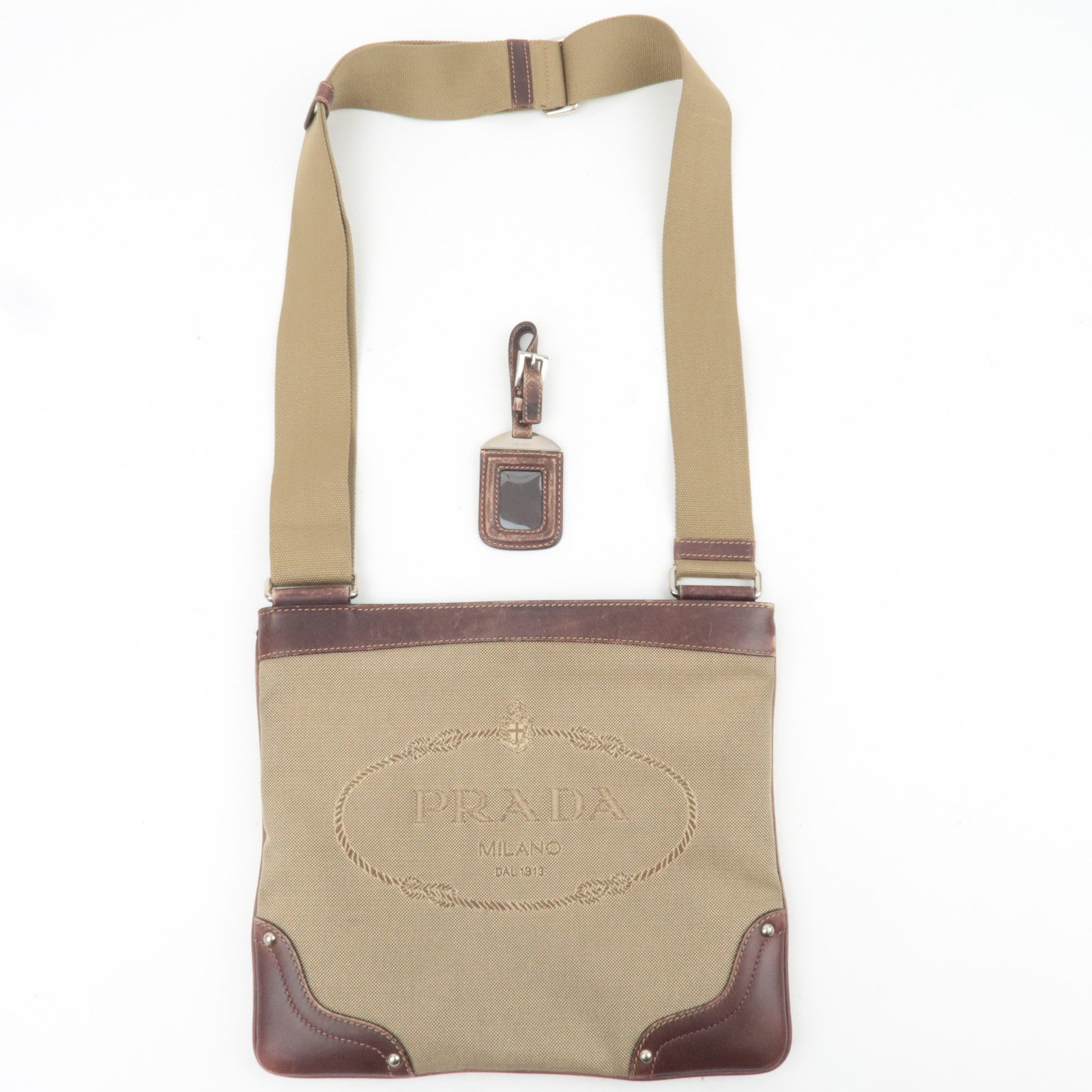 PRADA Logo Jacquard Leather Shoulder Bag Brown