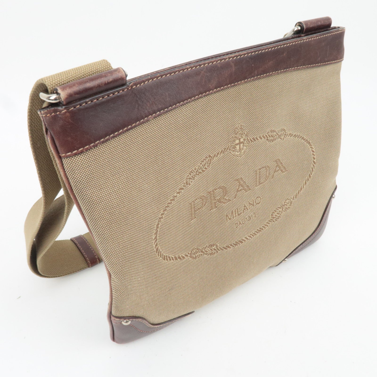 PRADA Logo Jacquard Leather Shoulder Bag Brown
