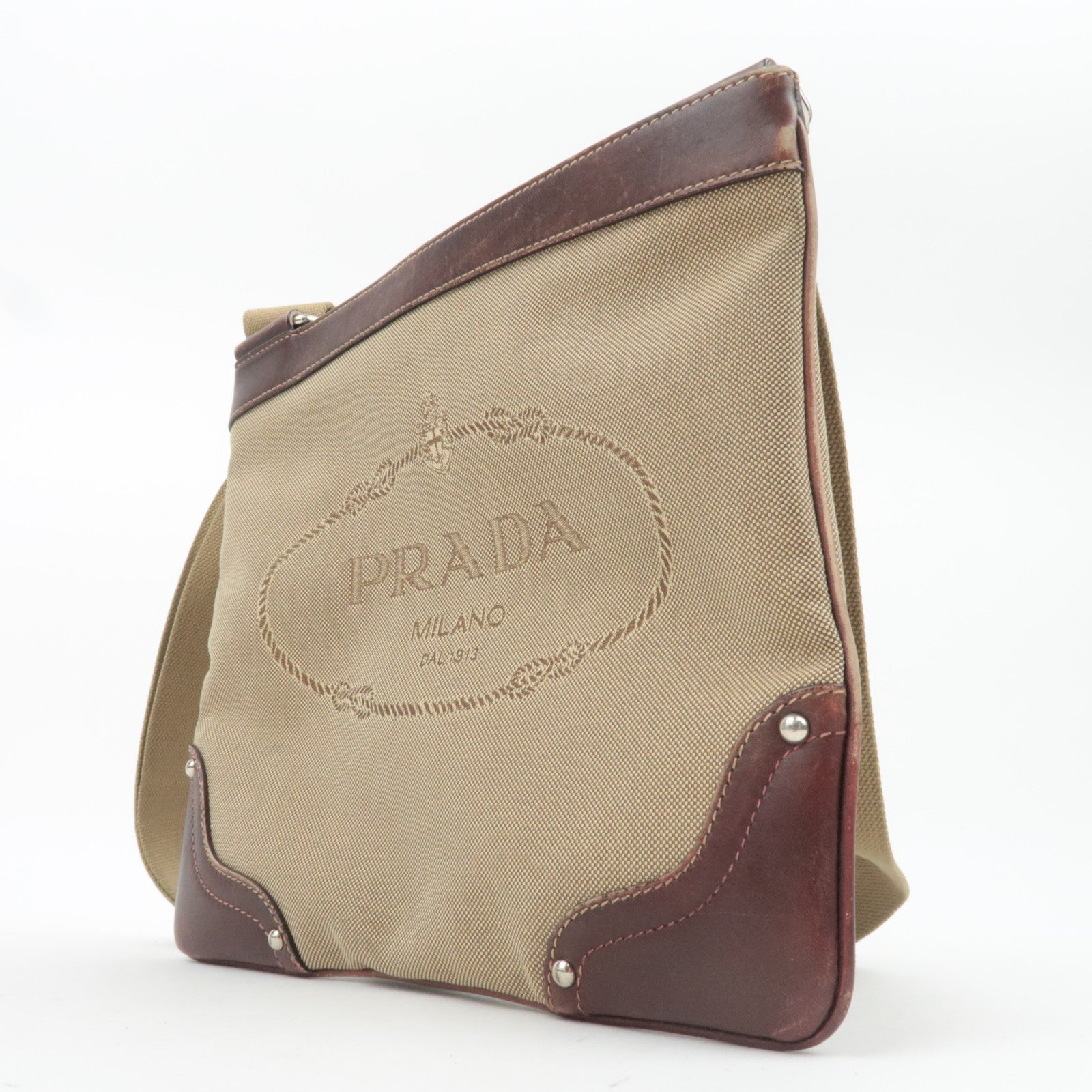 PRADA Logo Jacquard Leather Shoulder Bag Brown