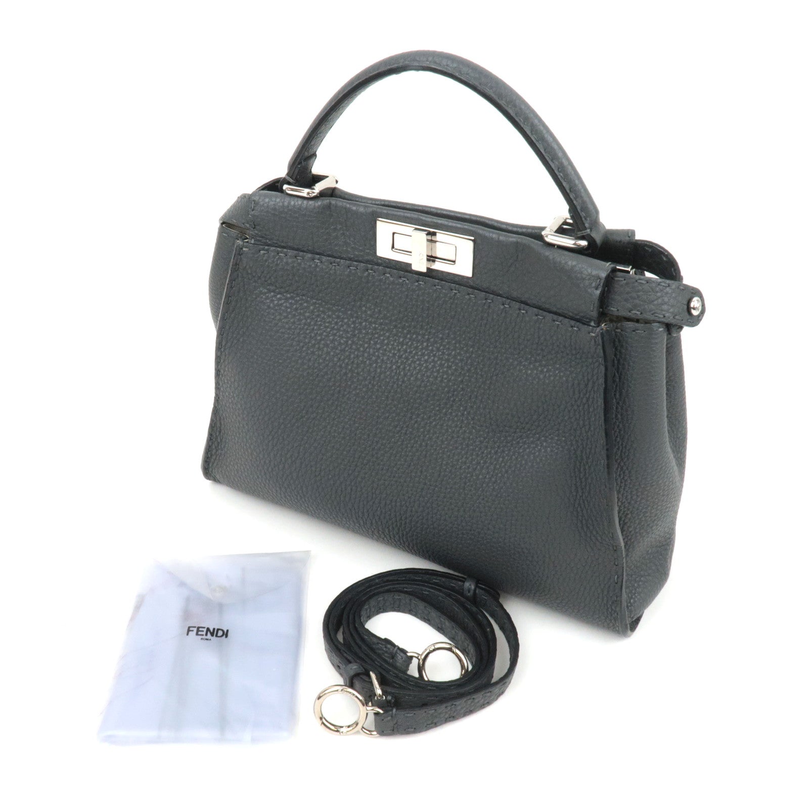 FENDI Selleria Peekaboo Medium 2Way Leather Handbag Gray 8BN226