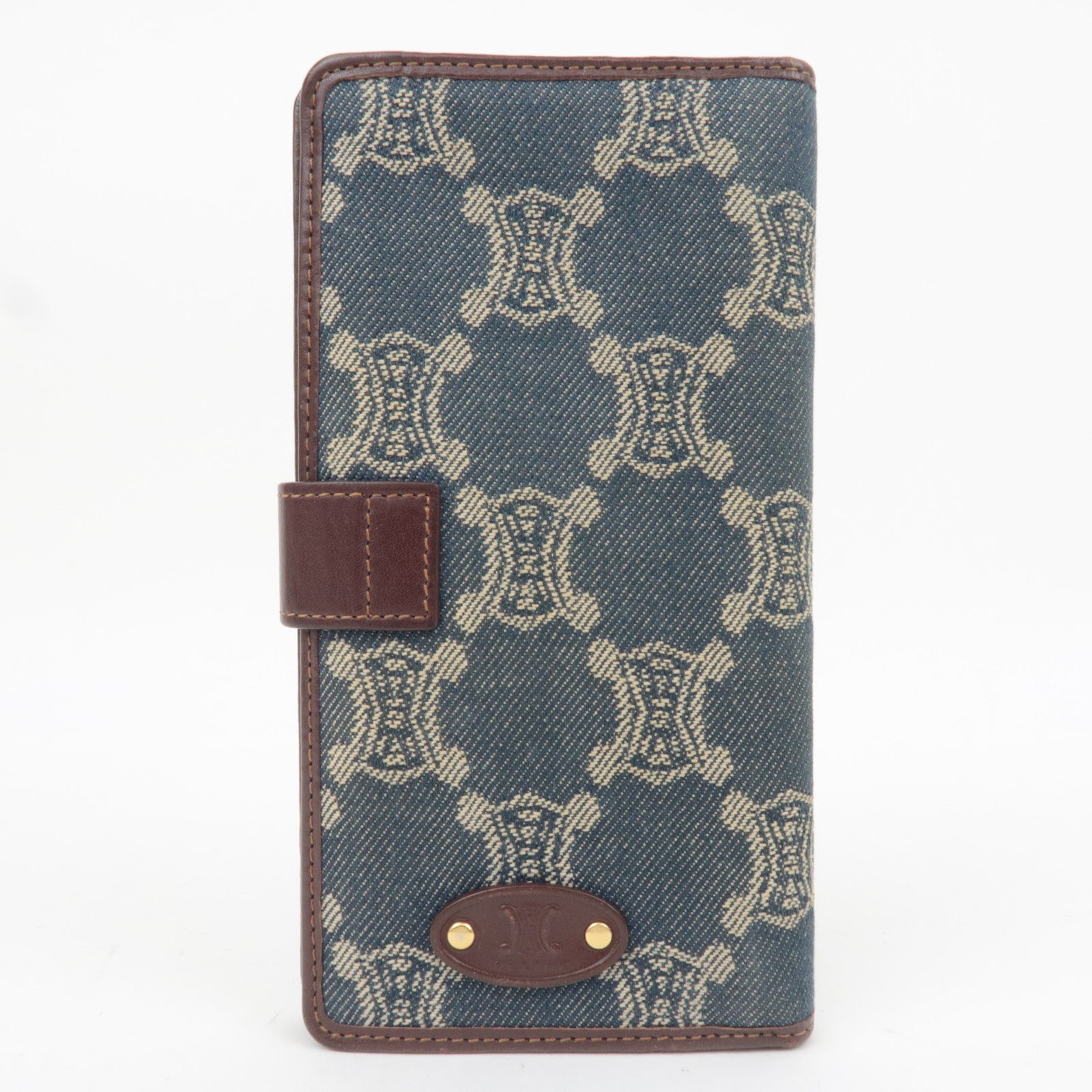 CELINE Paris Macadam Denim Leather Long Wallet Blue Brown