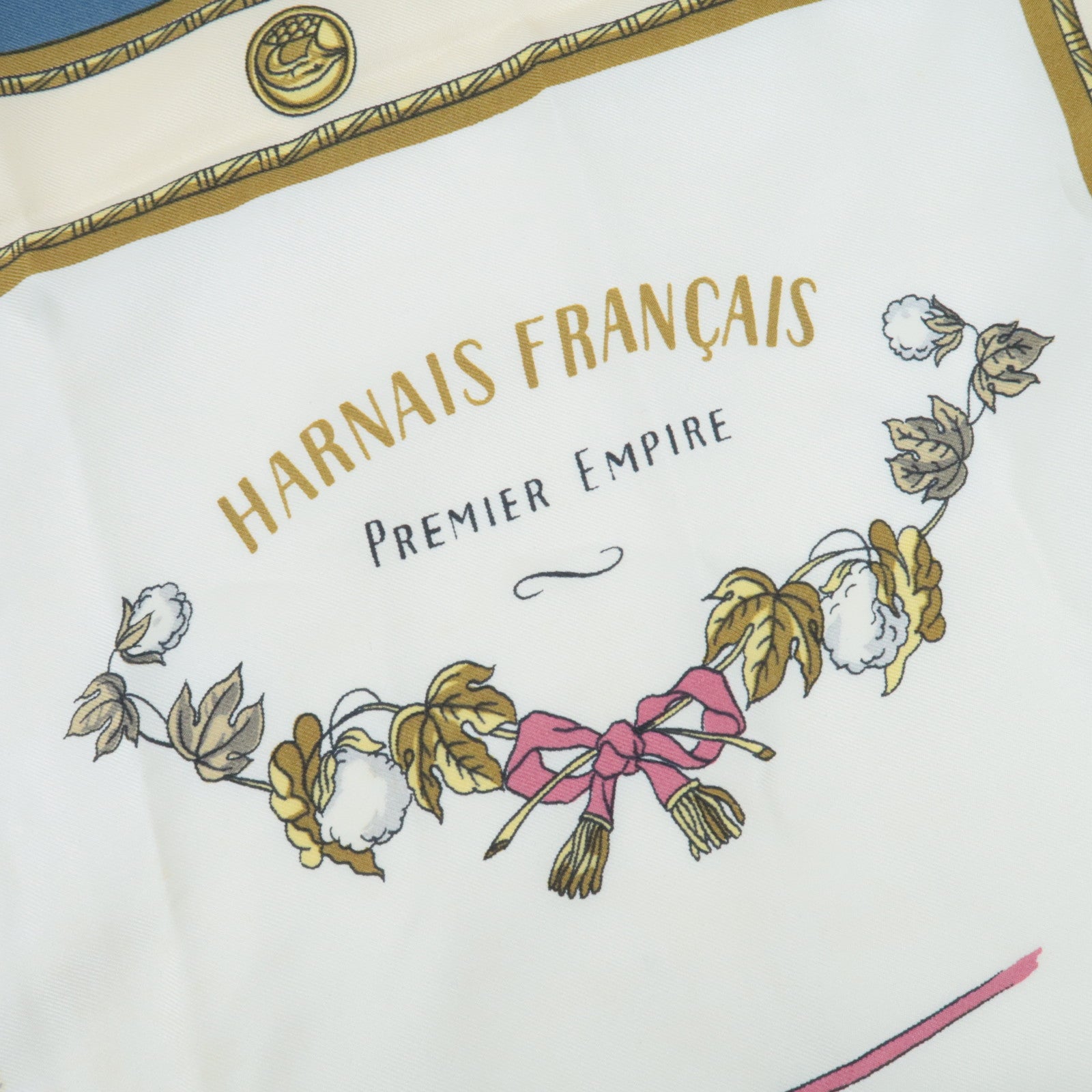 HERMES Carre 90 Scarf HARNAIS FRANCAIS PREMIER EMPIRE 100% Silk Ivory Blue