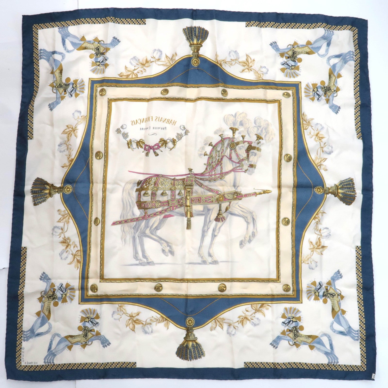 HERMES Carre 90 Scarf HARNAIS FRANCAIS PREMIER EMPIRE 100% Silk Ivory Blue