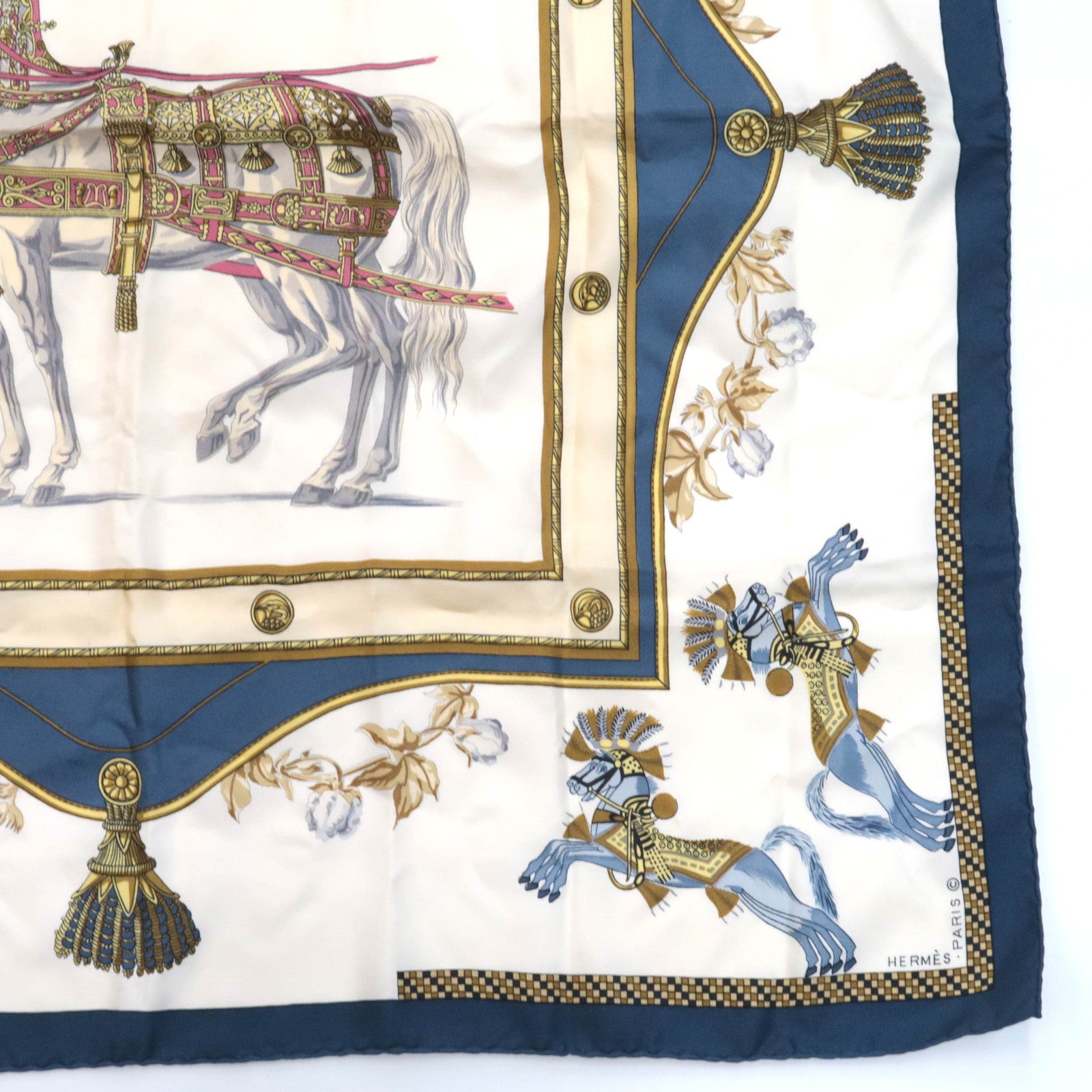 HERMES Carre 90 Scarf HARNAIS FRANCAIS PREMIER EMPIRE 100% Silk Ivory Blue