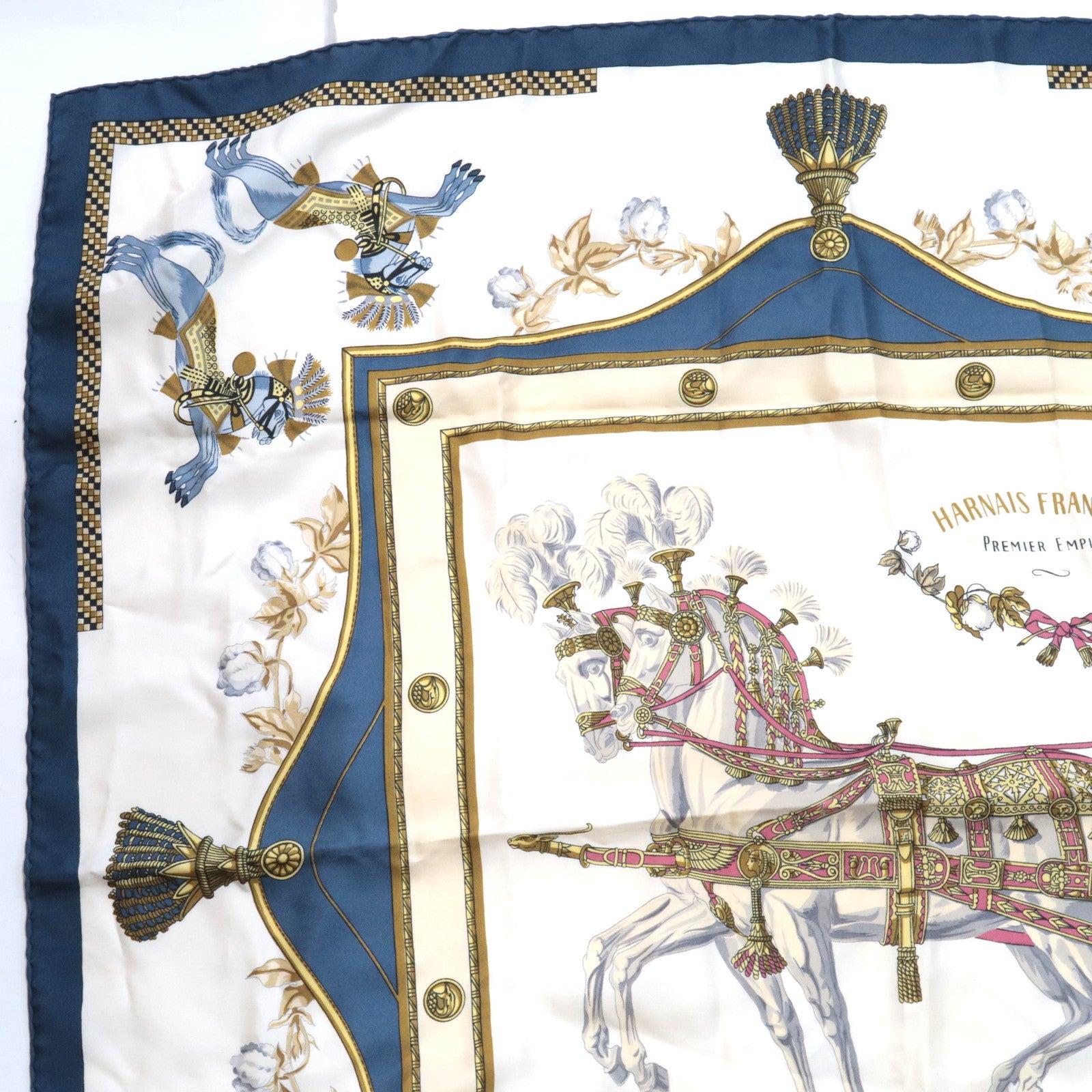 HERMES Carre 90 Scarf HARNAIS FRANCAIS PREMIER EMPIRE 100% Silk Ivory Blue