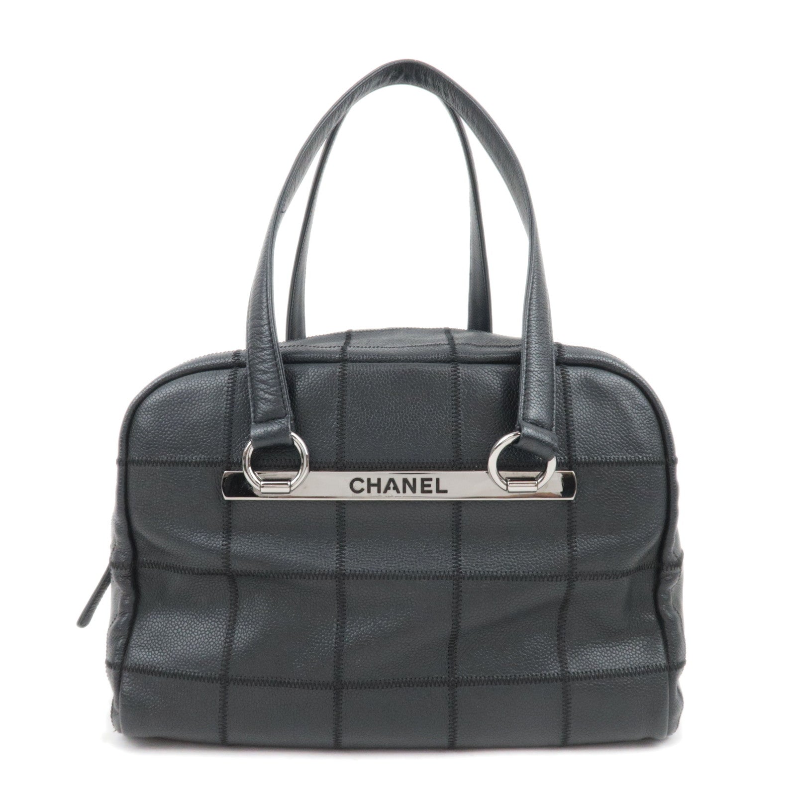 CHANEL Chocolate Bar Caviarskin Mini Boston Bag Black Silver HDW A2613589019