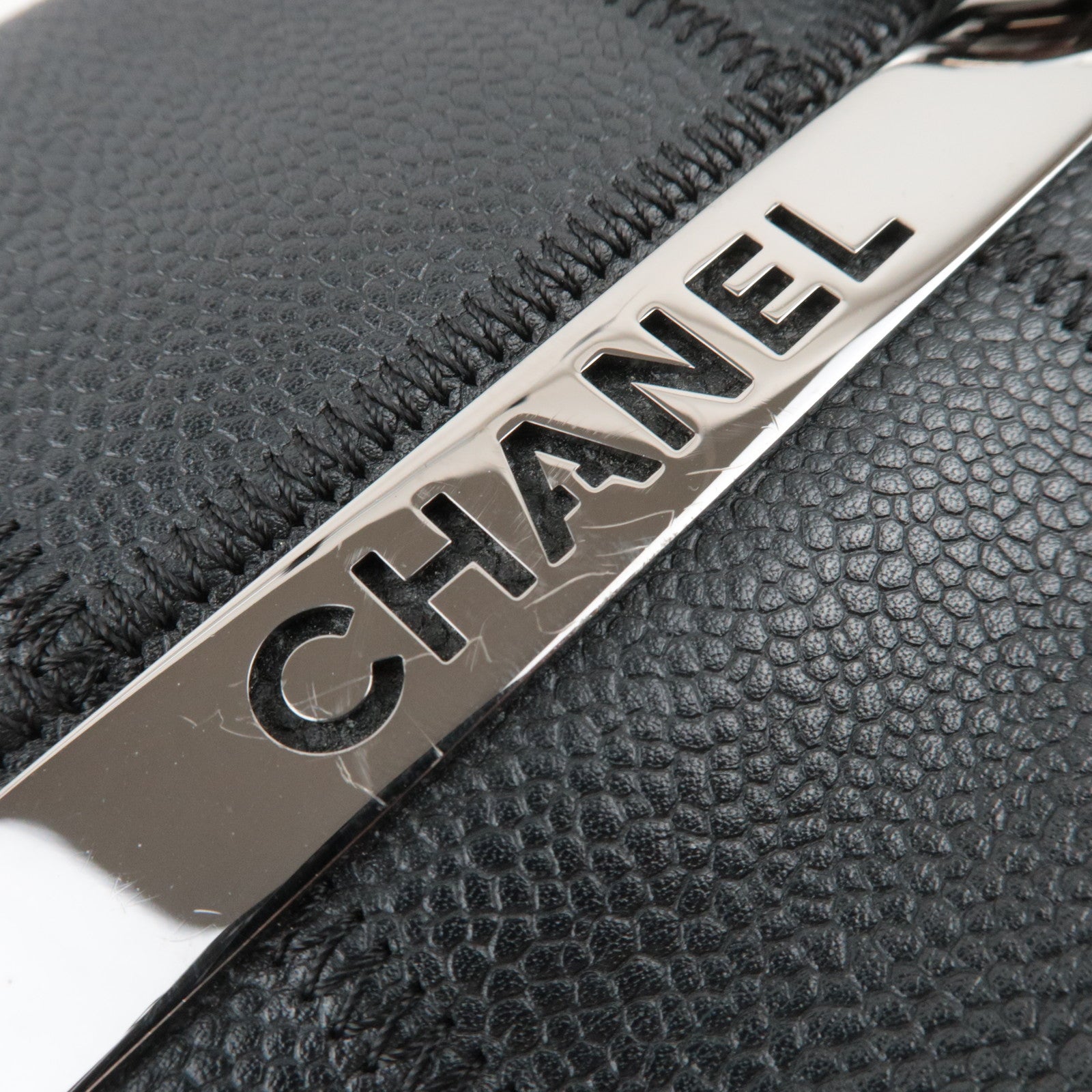 CHANEL Chocolate Bar Caviarskin Mini Boston Bag Black Silver HDW A26135