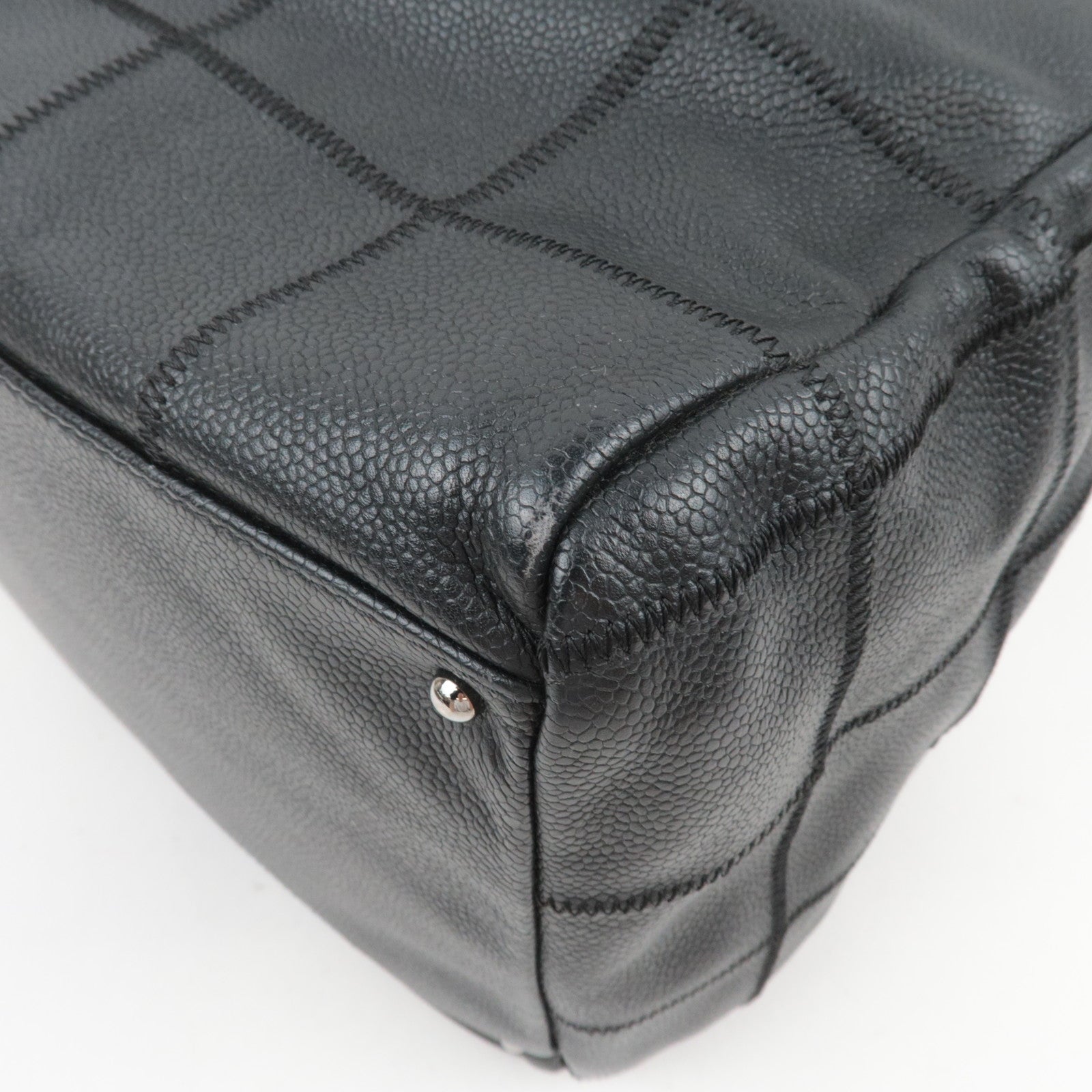 CHANEL Chocolate Bar Caviarskin Mini Boston Bag Black Silver HDW A26135
