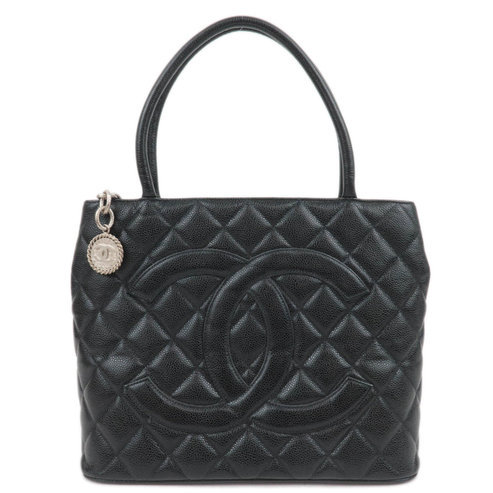 CHANEL Medallion Tote Bag Caviarskin Black Silver HDW A0180489077