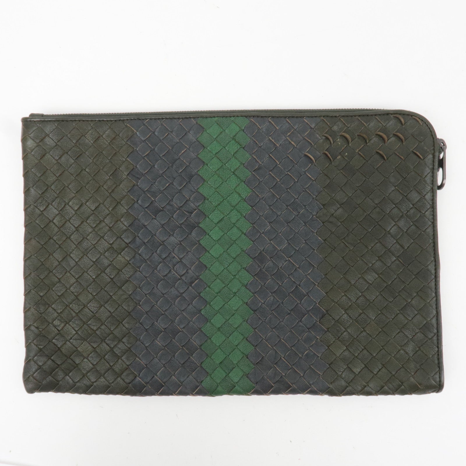 BOTTEGA VENETA Leather Intrecciato Clutch Bag Black Navy Green