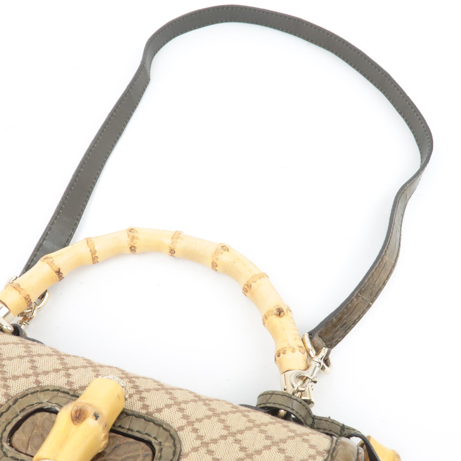 GUCCI New Bamboo Diamante 2Way Leather Handbag Beige Khaki 254884