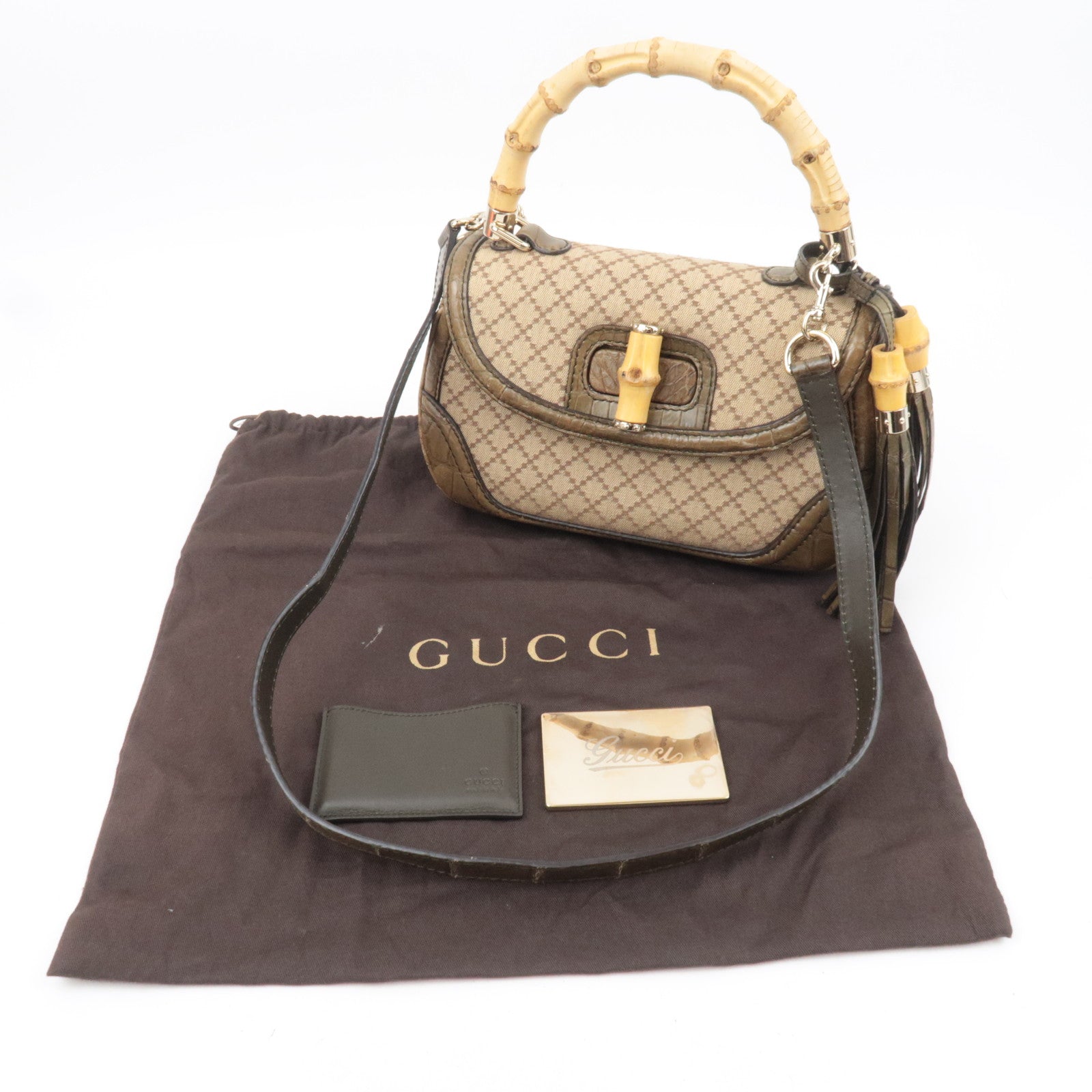 GUCCI New Bamboo Diamante 2Way Leather Handbag Beige Khaki 254884