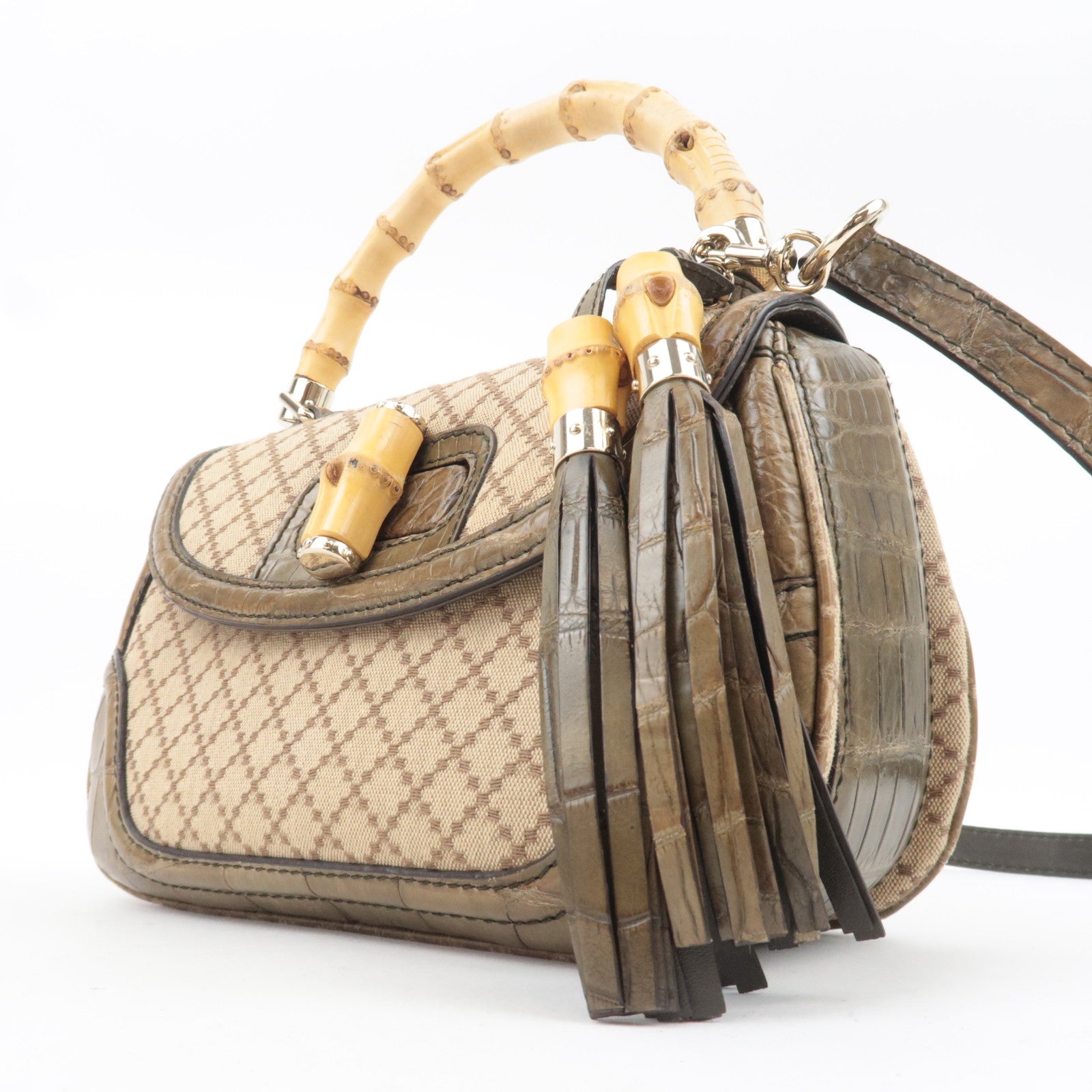 GUCCI New Bamboo Diamante 2Way Leather Handbag Beige Khaki 254884