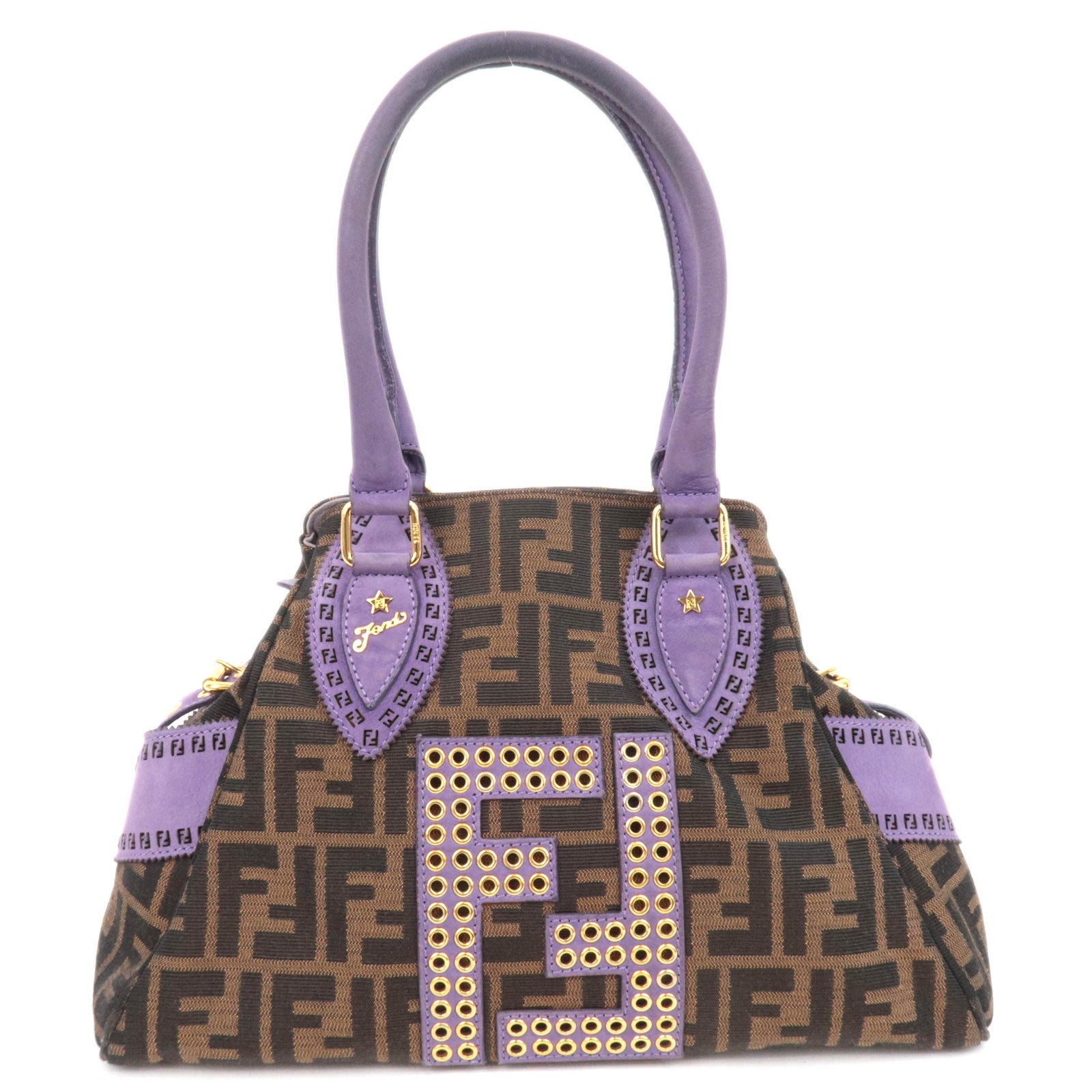 FENDI Etonico Zucca Canvas Leather Handbag Brown Purple 8BN15789170