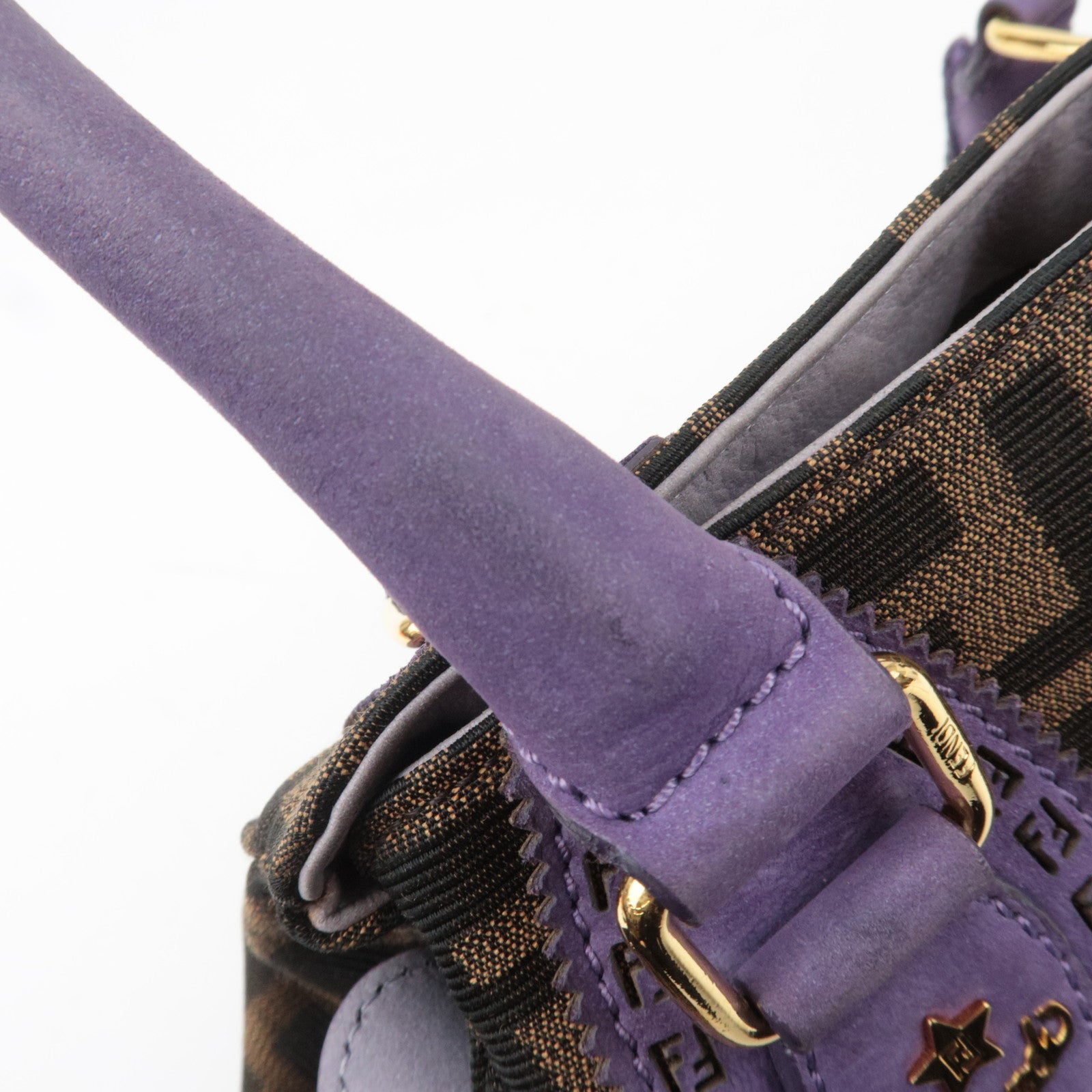 FENDI Etonico Zucca Canvas Leather Handbag Brown Purple 8BN157