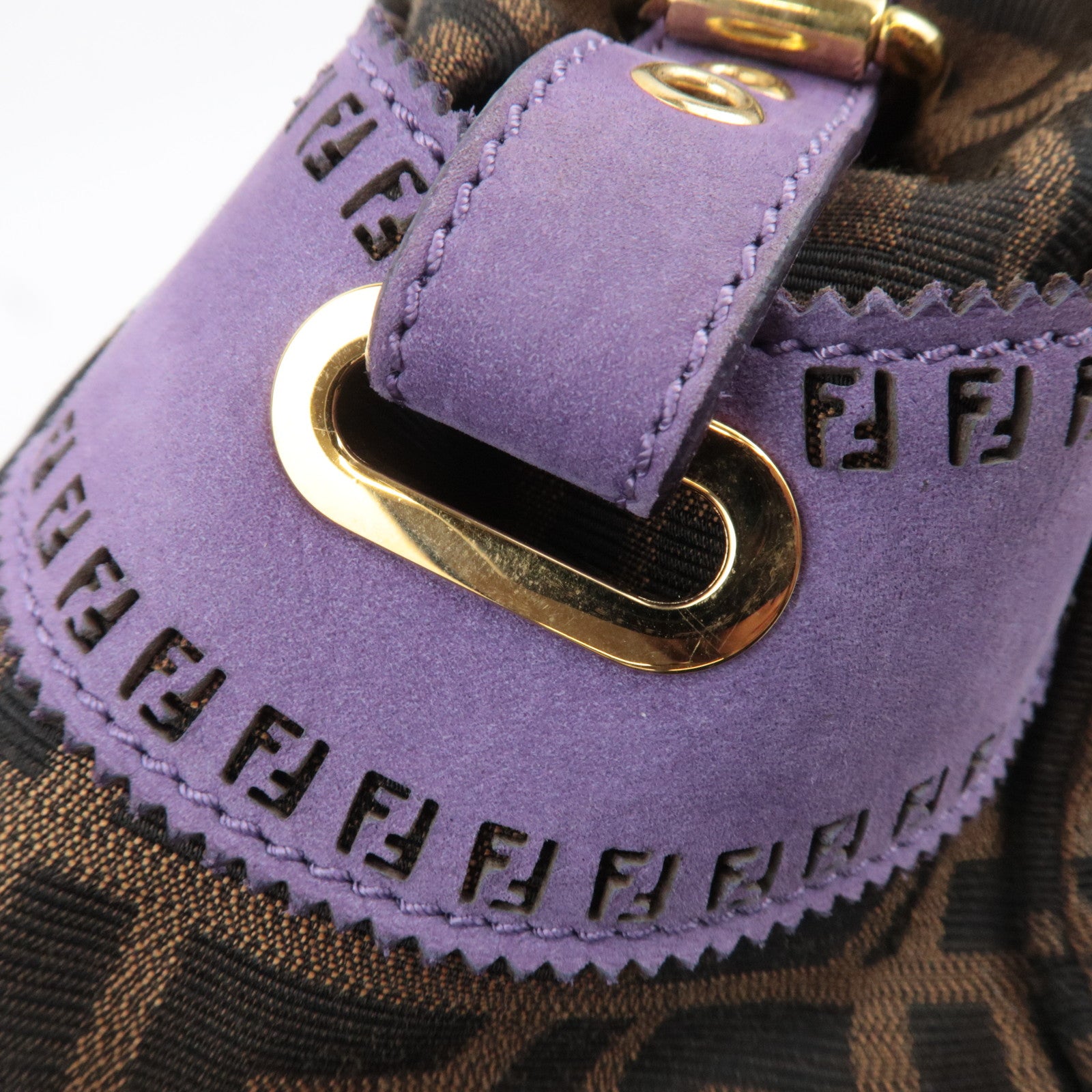 FENDI Etonico Zucca Canvas Leather Handbag Brown Purple 8BN157