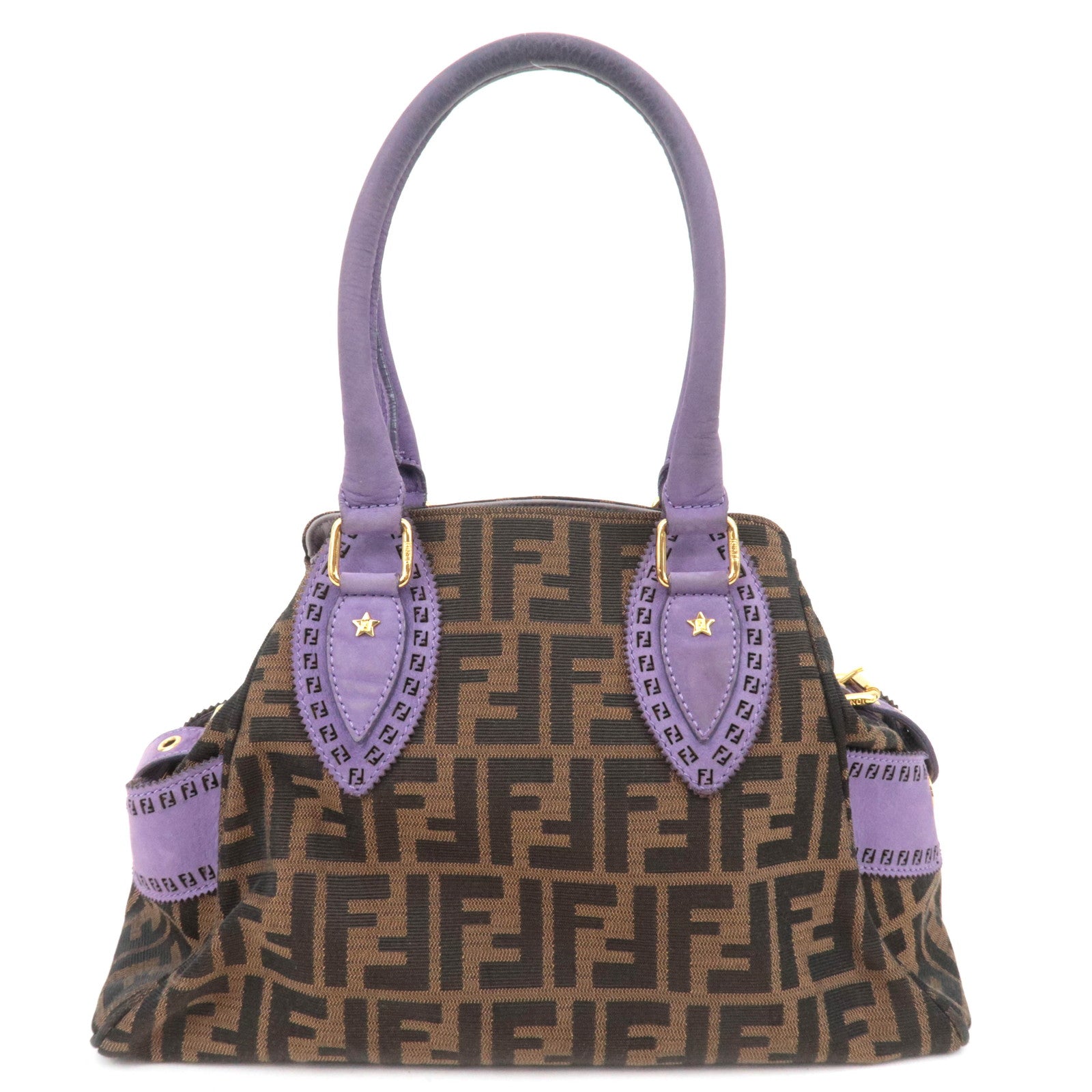 FENDI Etonico Zucca Canvas Leather Handbag Brown Purple 8BN157