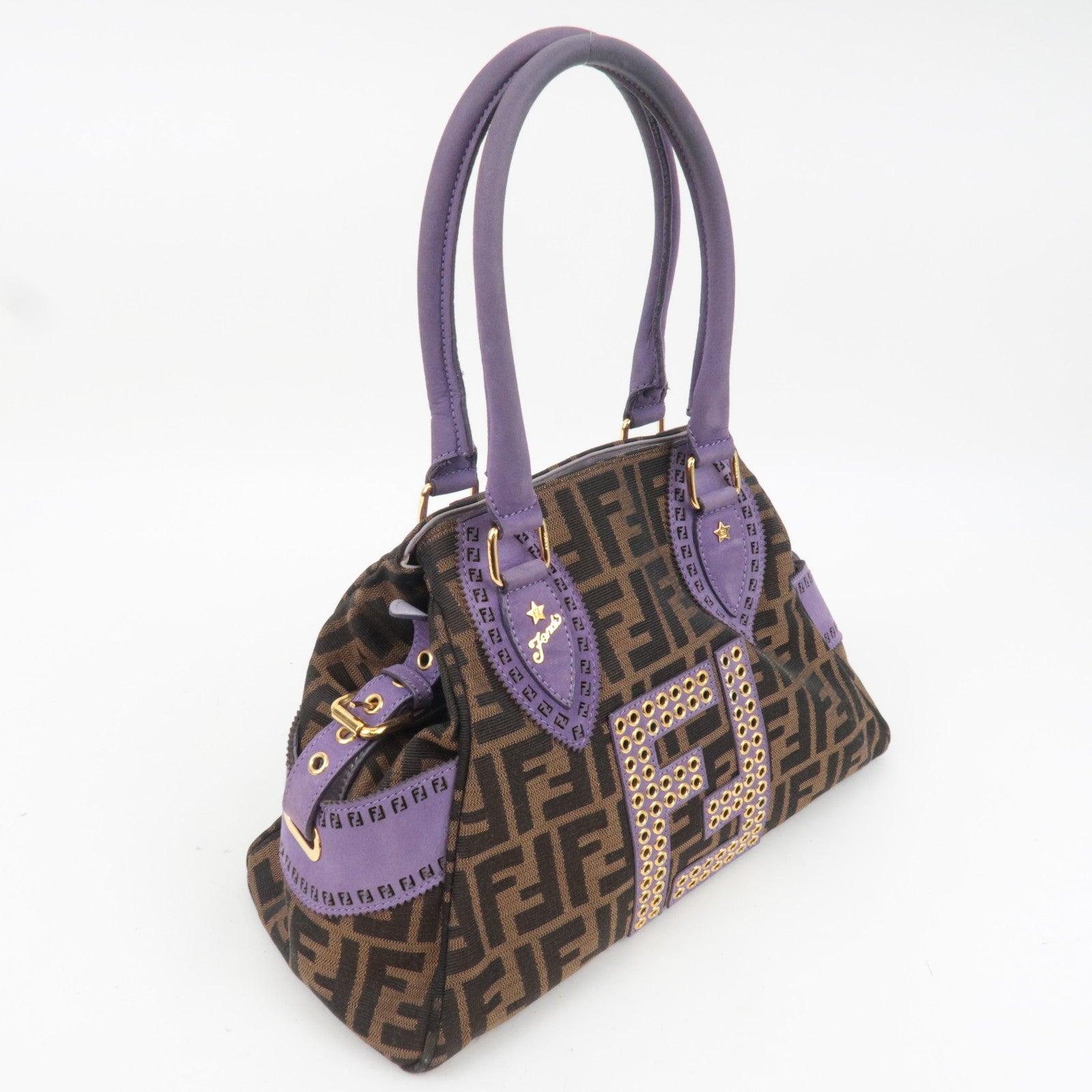 FENDI Etonico Zucca Canvas Leather Handbag Brown Purple 8BN157