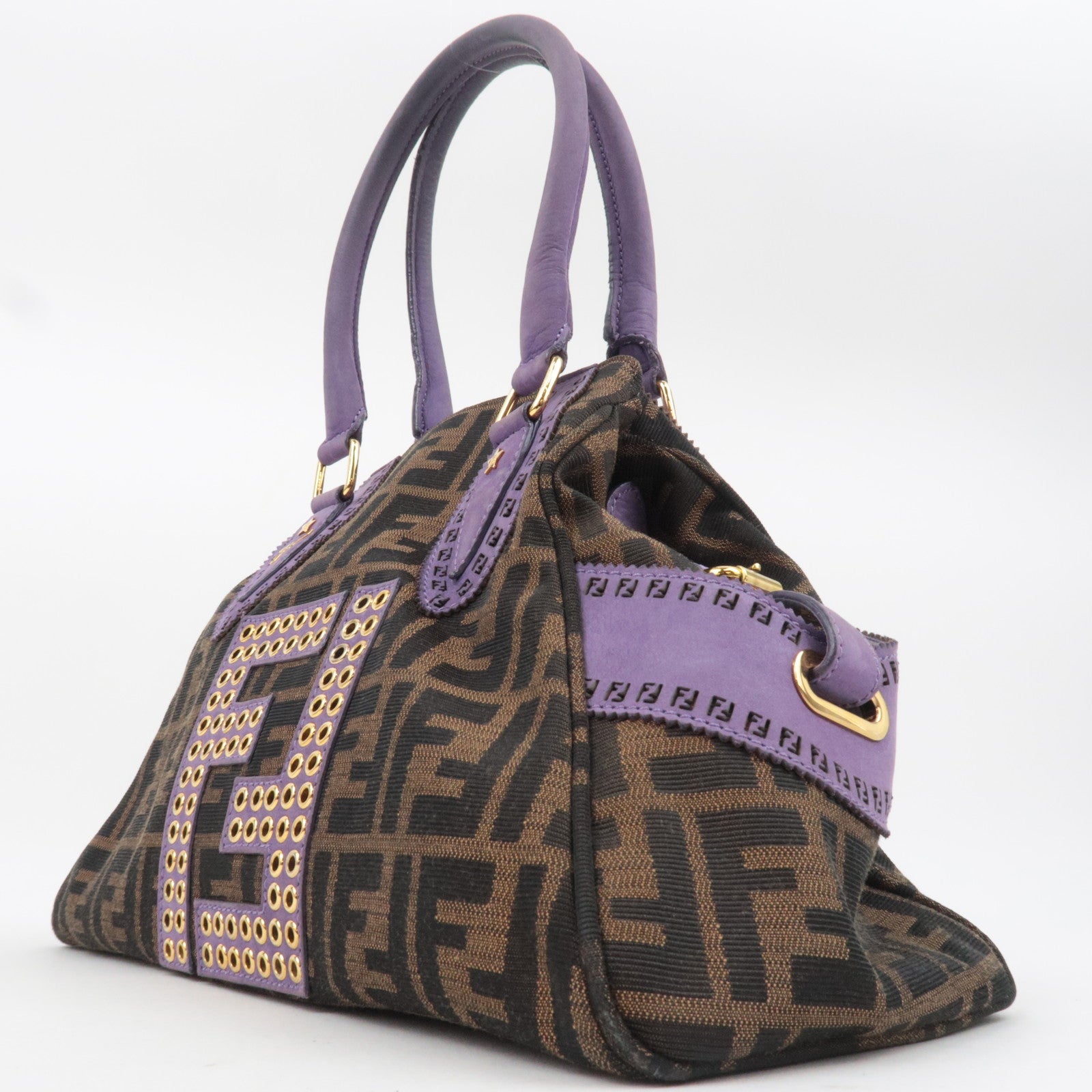 FENDI Etonico Zucca Canvas Leather Handbag Brown Purple 8BN157