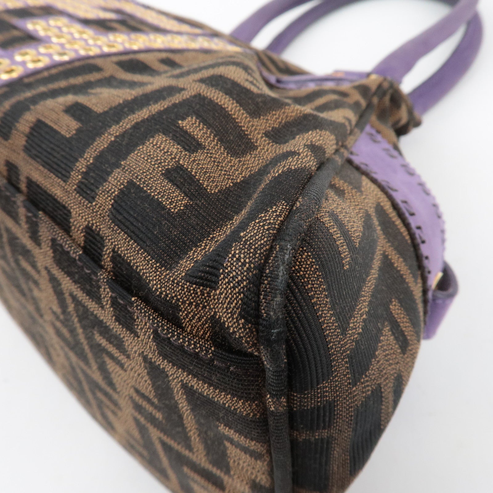 FENDI Etonico Zucca Canvas Leather Handbag Brown Purple 8BN157
