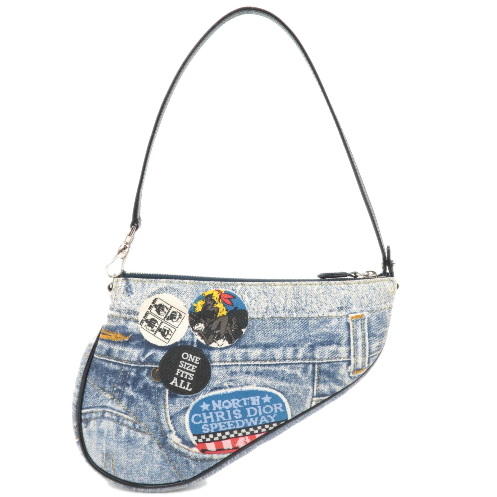 Christian Dior Speedway Denim Mini Saddle bag Canvas Patent Handbag Blue Gray89189