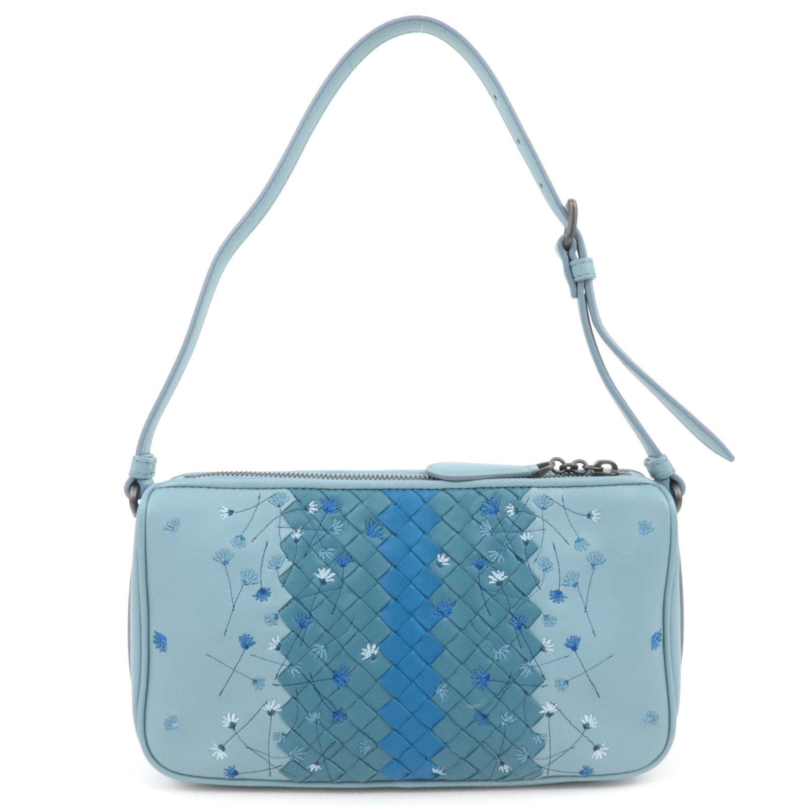 BOTTEGA VENETA Intrecciato Flower Embroidered Leather Shoulder Bag Blue