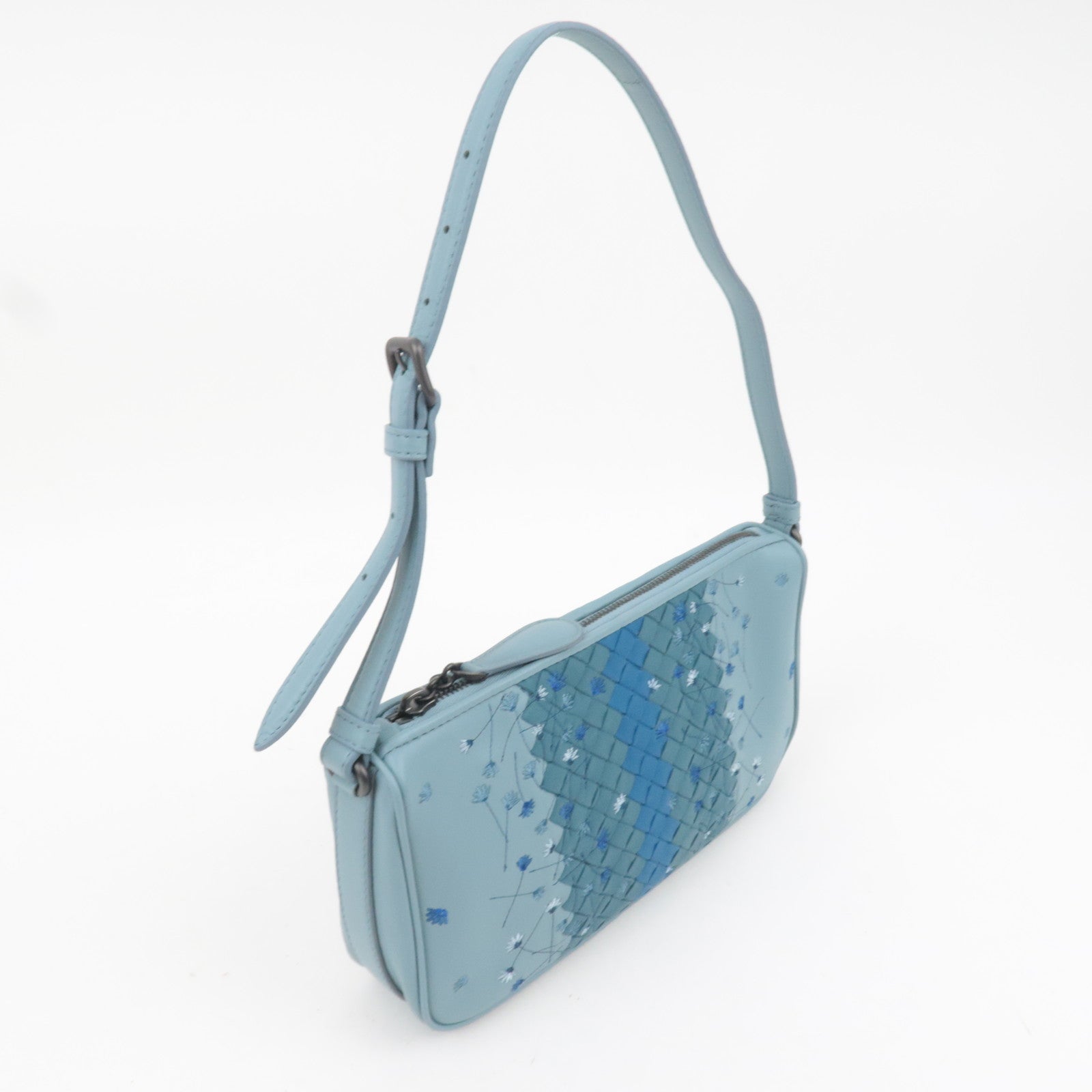 BOTTEGA VENETA Intrecciato Flower Embroidered Leather Shoulder Bag Blue