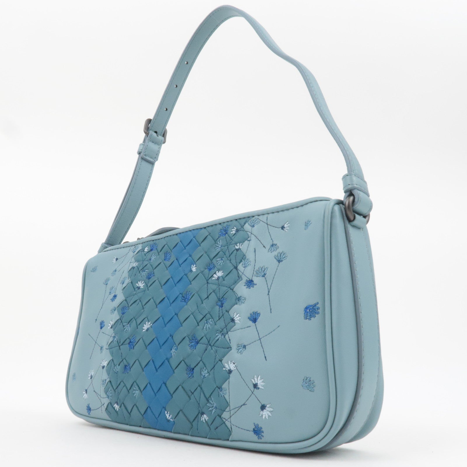 BOTTEGA VENETA Intrecciato Flower Embroidered Leather Shoulder Bag Blue
