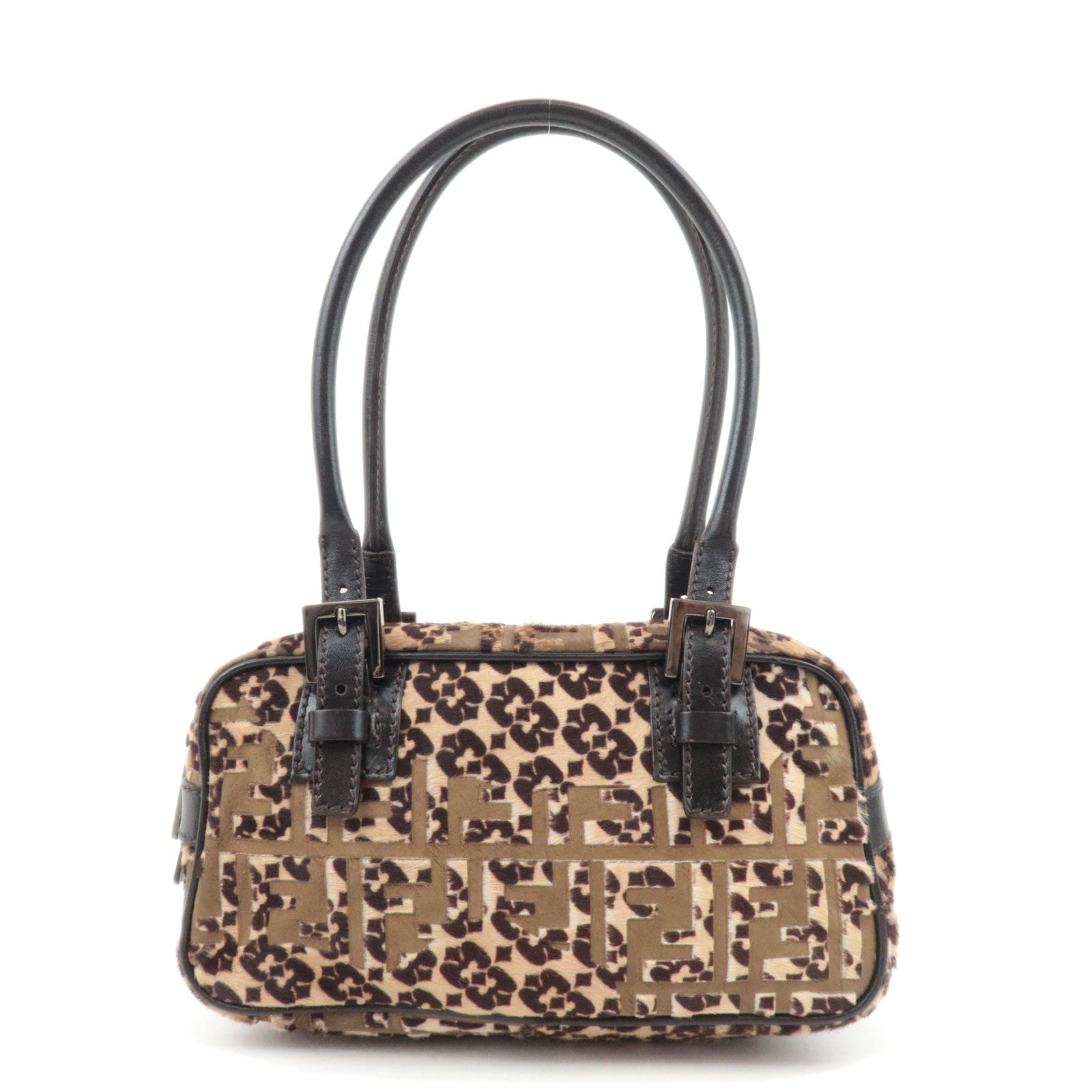 FENDI Geometric Print Calf Hair Shoulder Bag Brown 8BN00489208