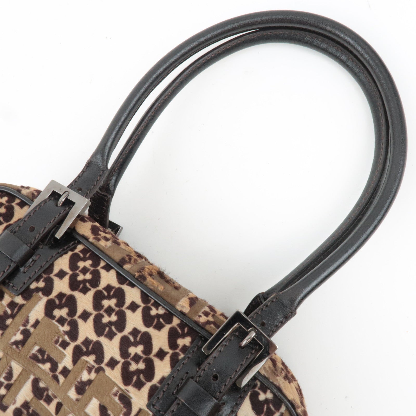 FENDI Geometric Print Calf Hair Shoulder Bag Brown 8BN004
