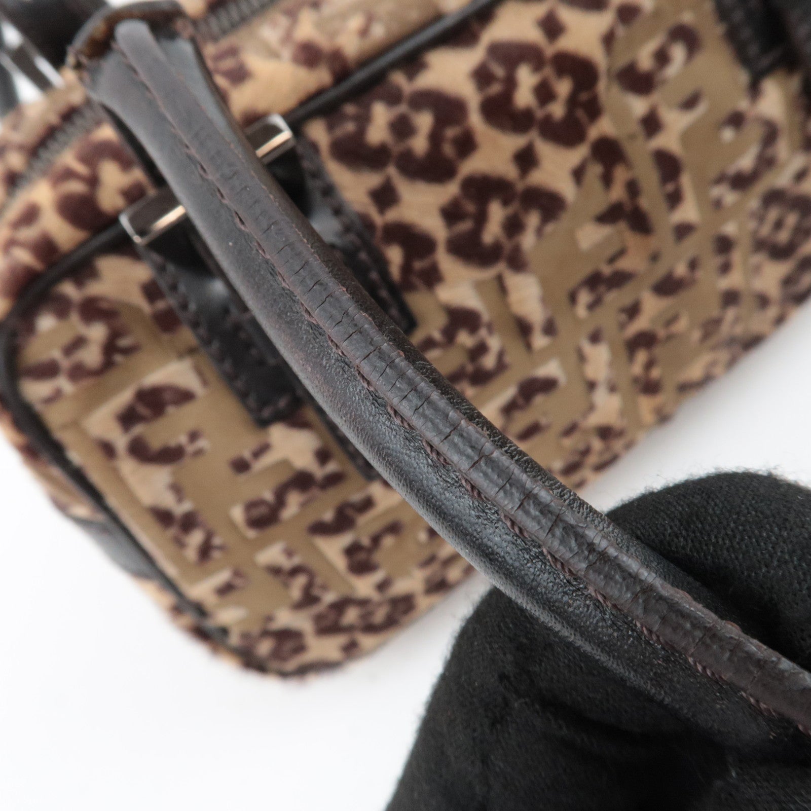 FENDI Geometric Print Calf Hair Shoulder Bag Brown 8BN004