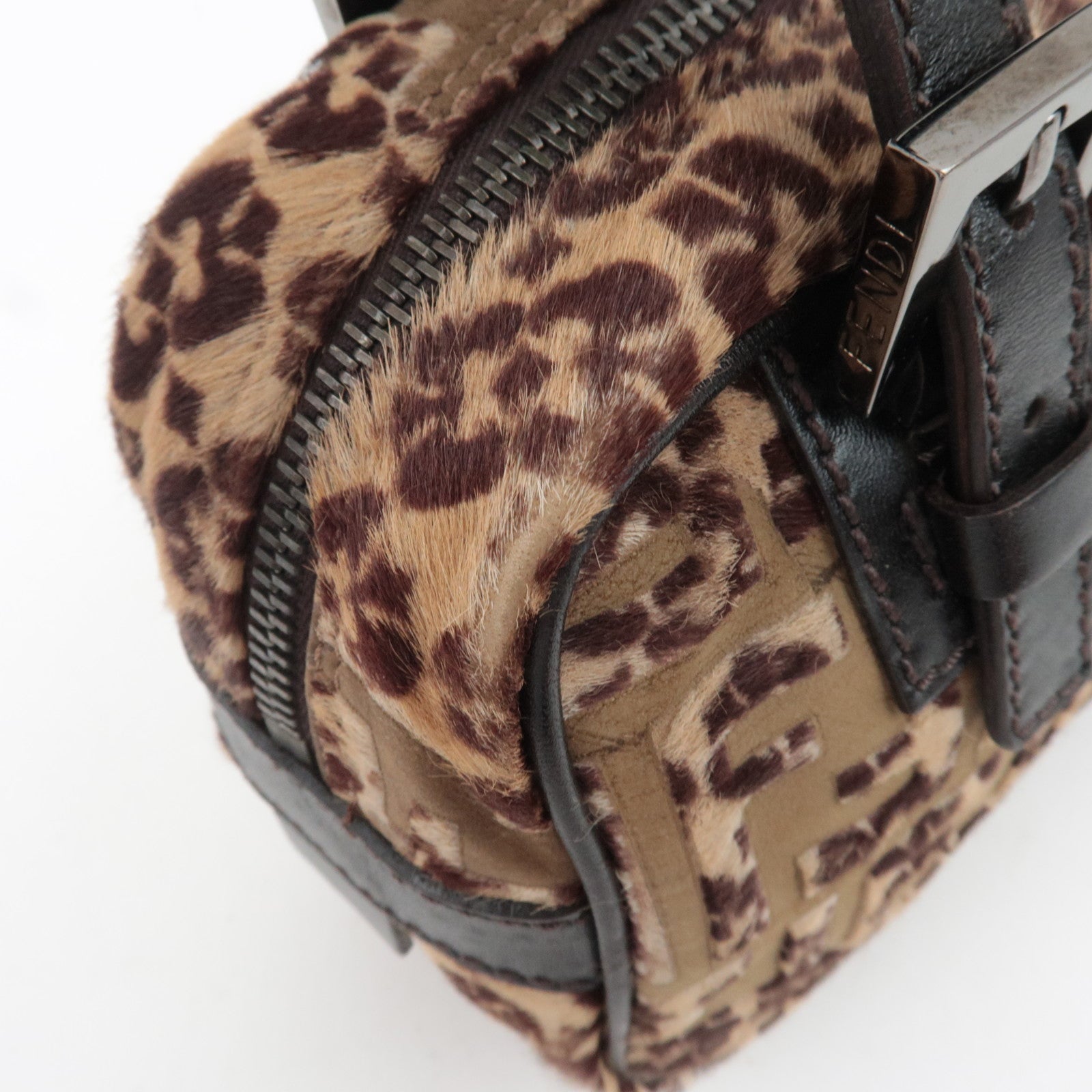 FENDI Geometric Print Calf Hair Shoulder Bag Brown 8BN004