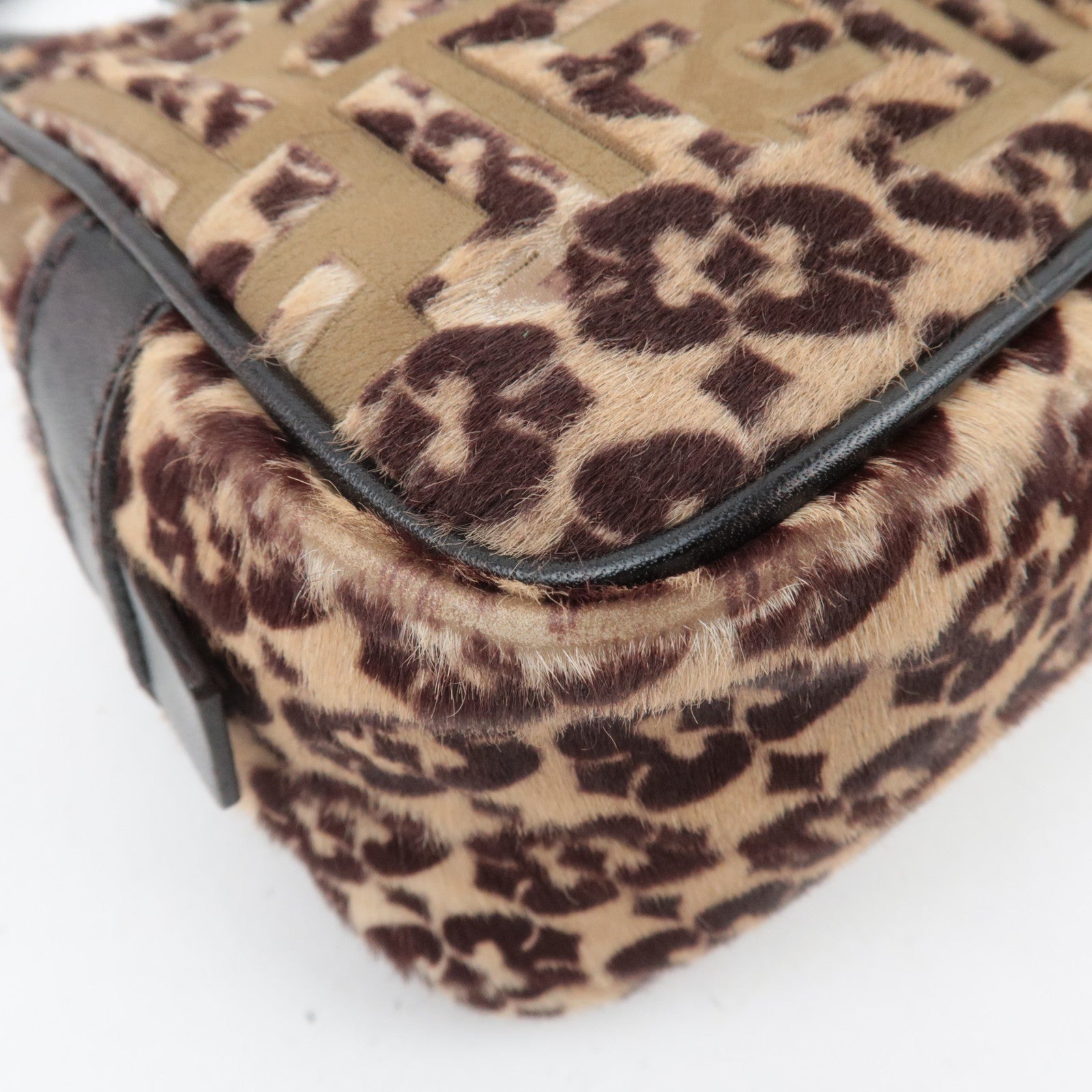 FENDI Geometric Print Calf Hair Shoulder Bag Brown 8BN004