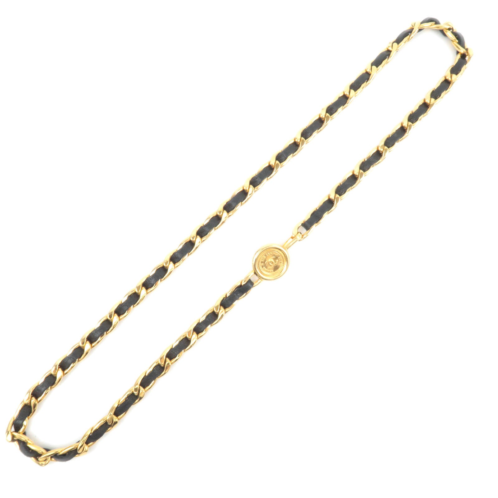 CHANEL Coin Charm Leather Chain Belt Waist Around 80cm Gold Black 89220