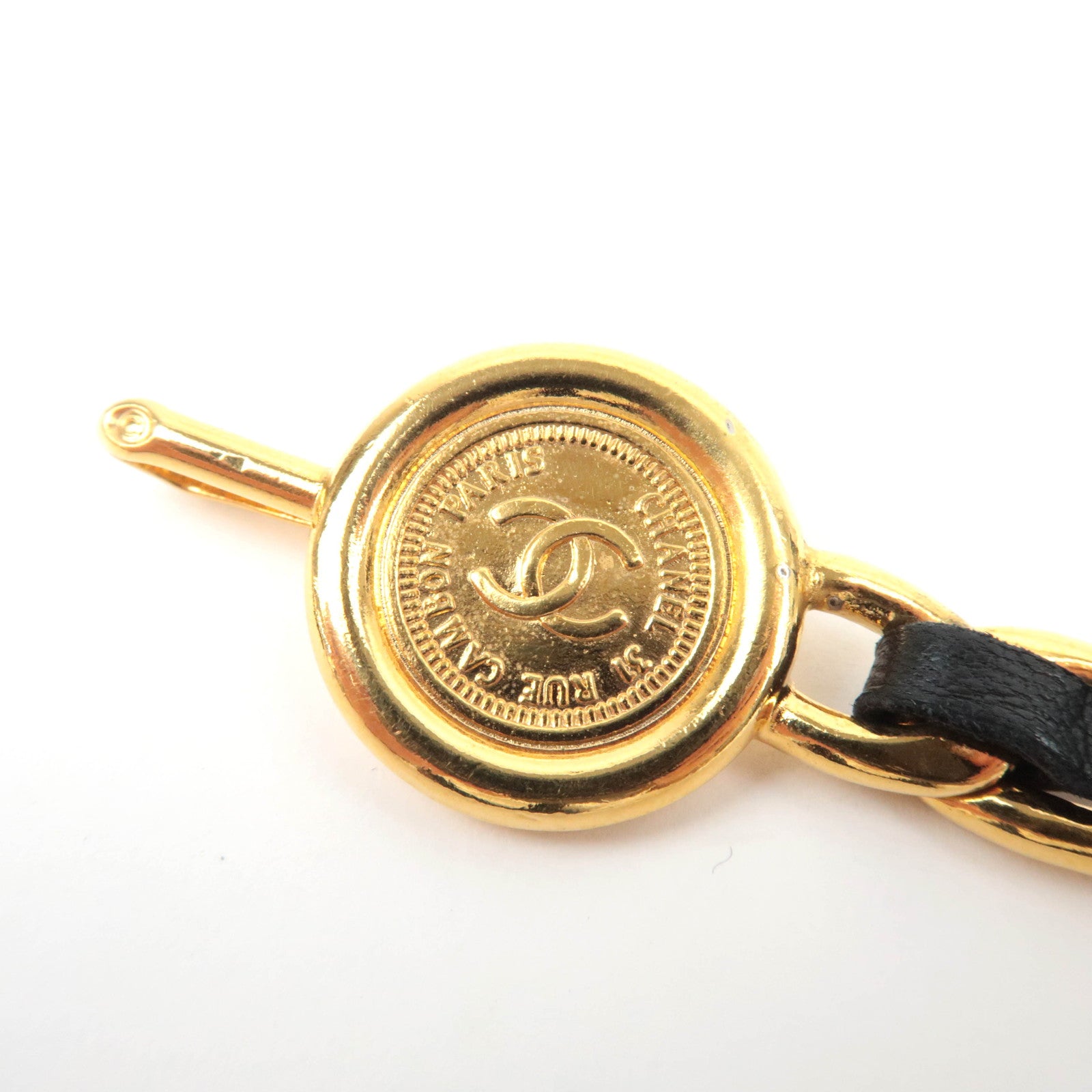 CHANEL Coin Charm Leather Chain Belt Waist Around 80cm Gold Black