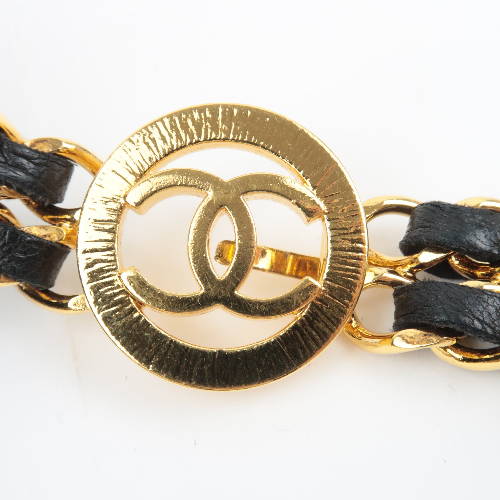 CHANEL Coco Mark Double Leather Chain Belt Waist Around 80cm Gold Black